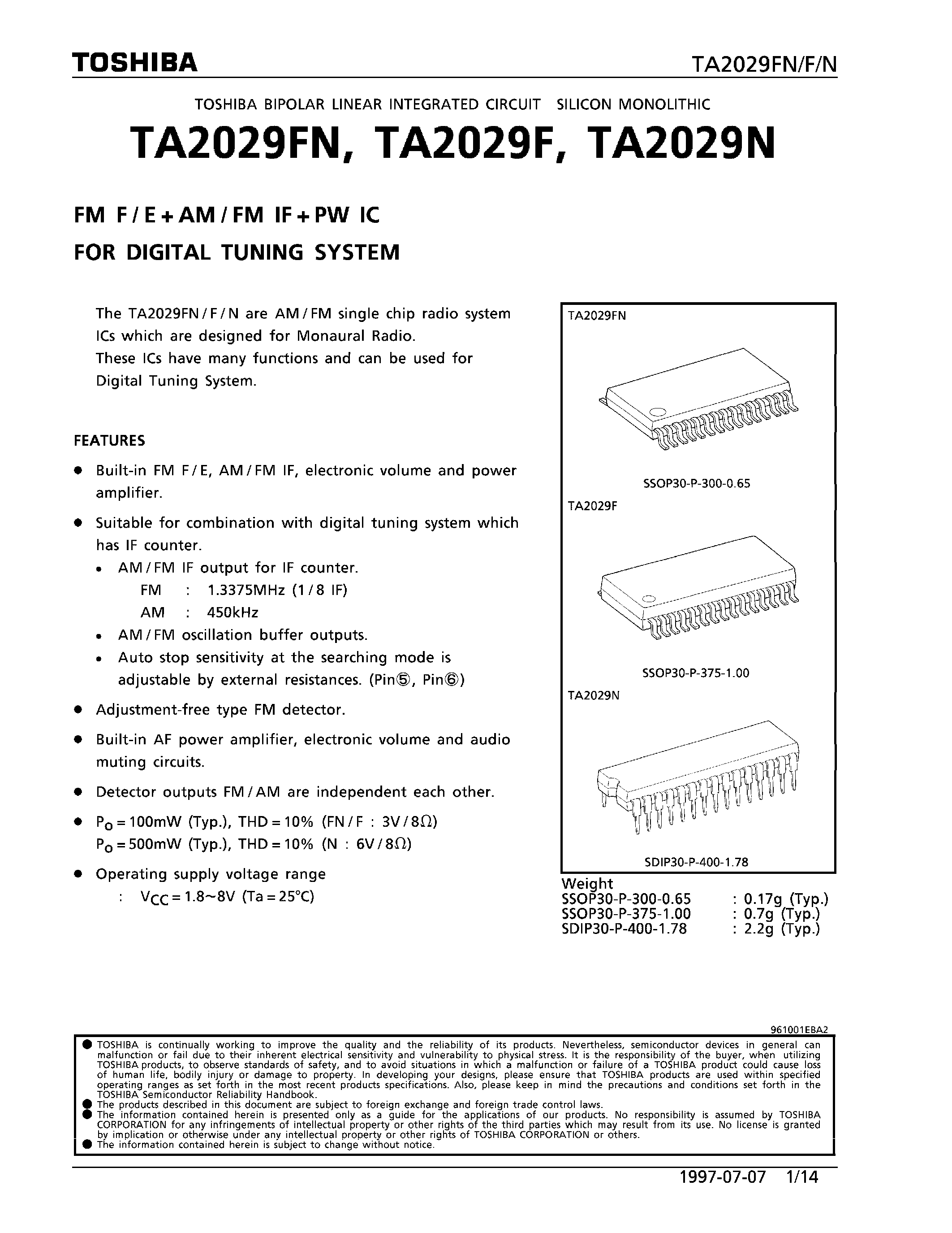 Datasheet TA2029 - FM F/E+AM/FM IF+PW IC FOR DIGITAL TUNING SYSTEM page 1
