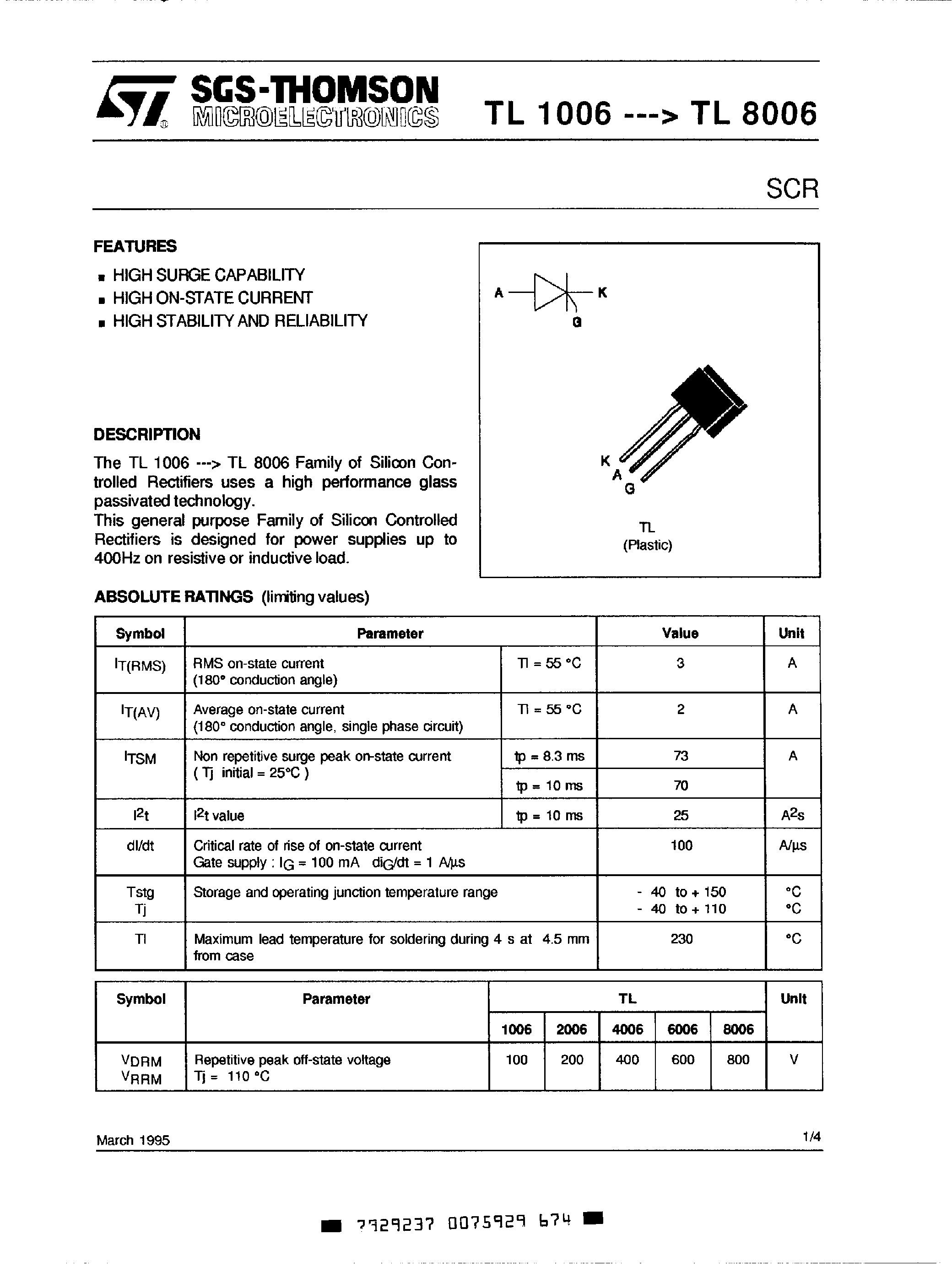 Даташит TL6006 - SCR Silicon Transistor страница 1