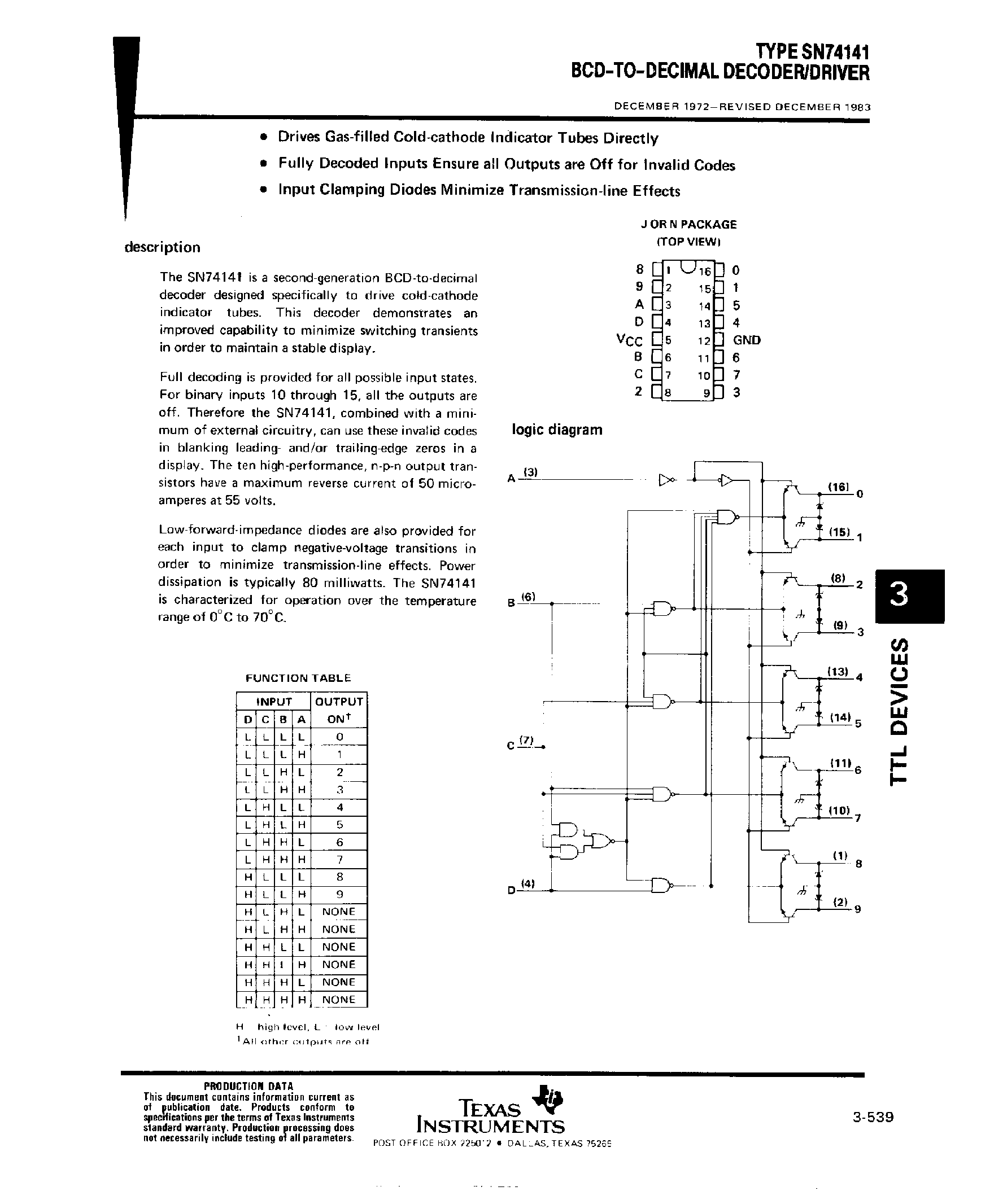 Datasheet SN74141 - BCD-to-Decimal Decoder Driver page 1