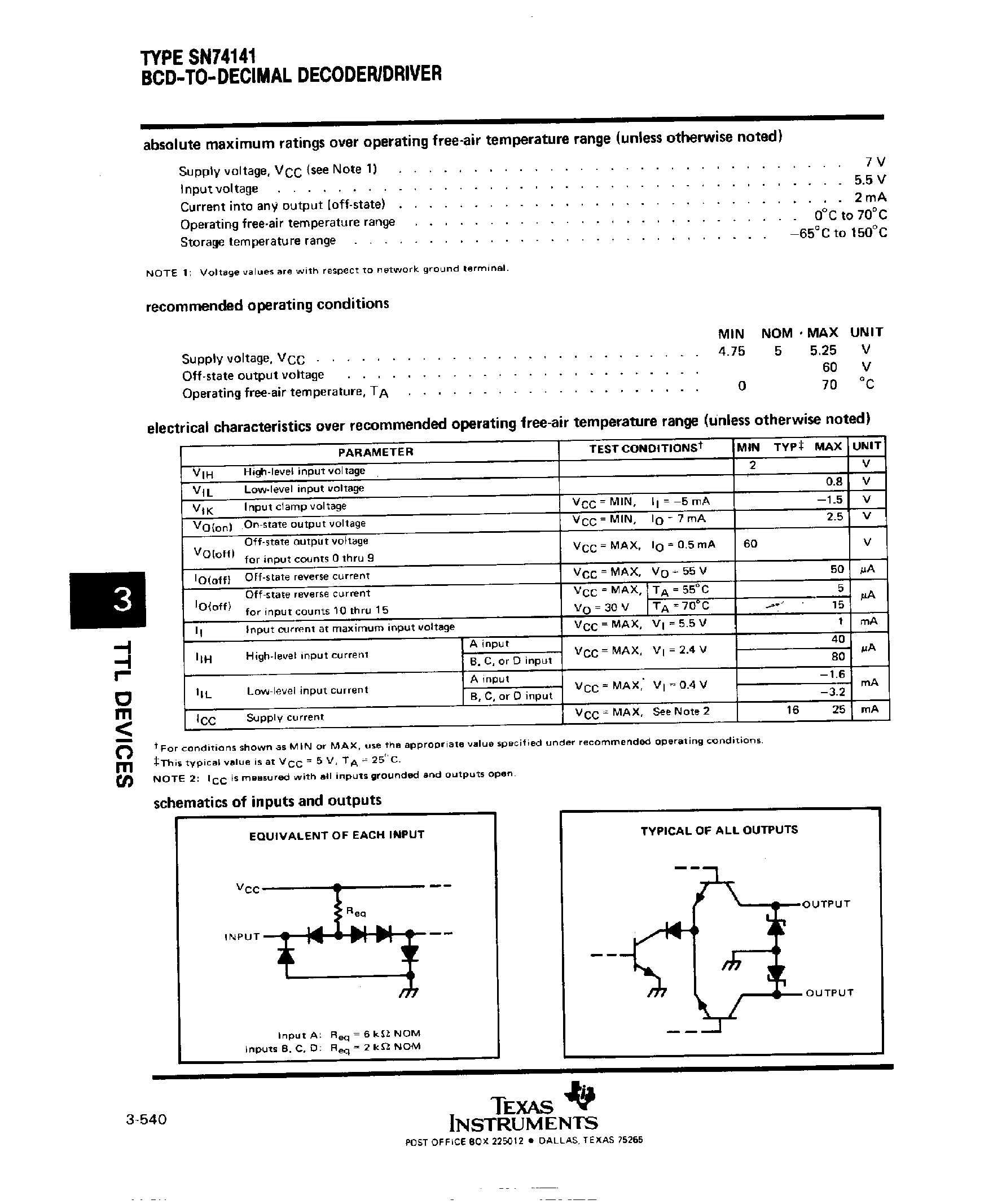 Datasheet SN74141 - BCD-to-Decimal Decoder Driver page 2