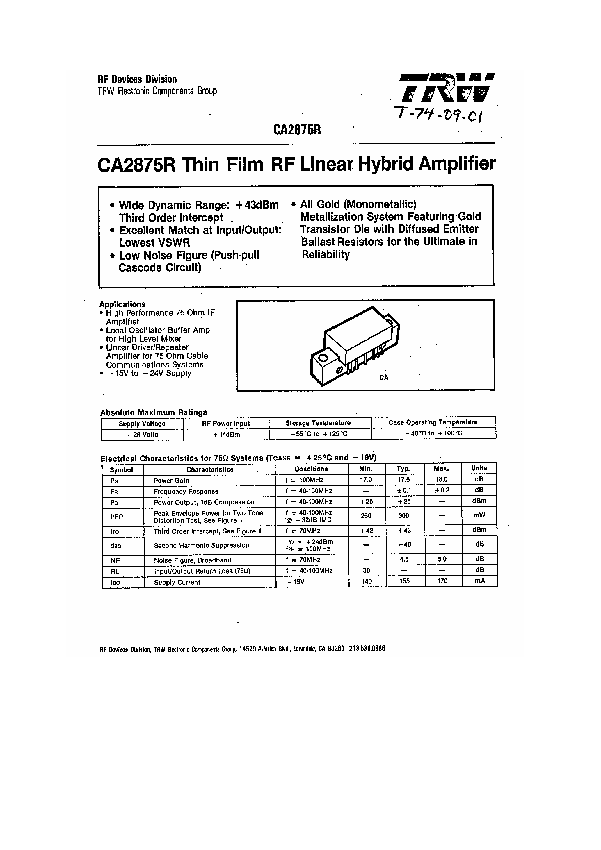 Datasheet CA2875R - Thin Film RF Liner Hybrid Amplifier page 1
