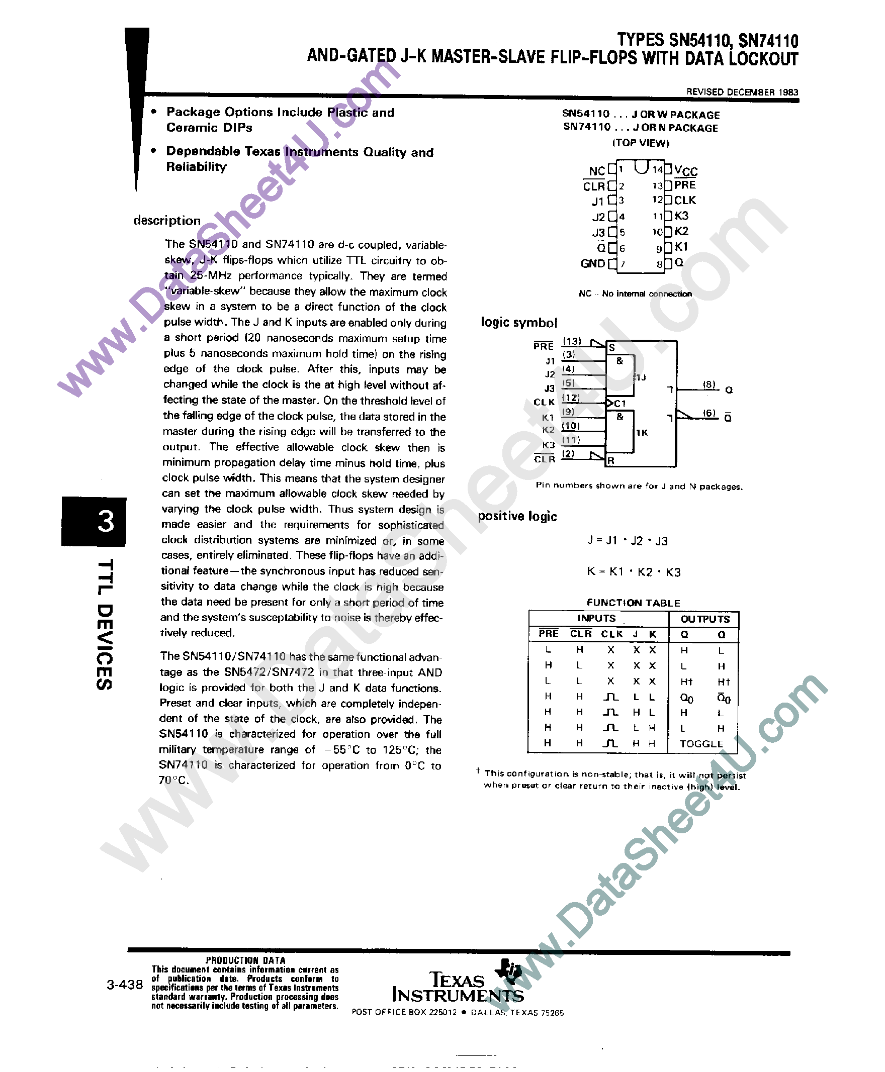Datasheet SN74110 - AND Gated J-K Master Slave F-F with Data Lockout page 1