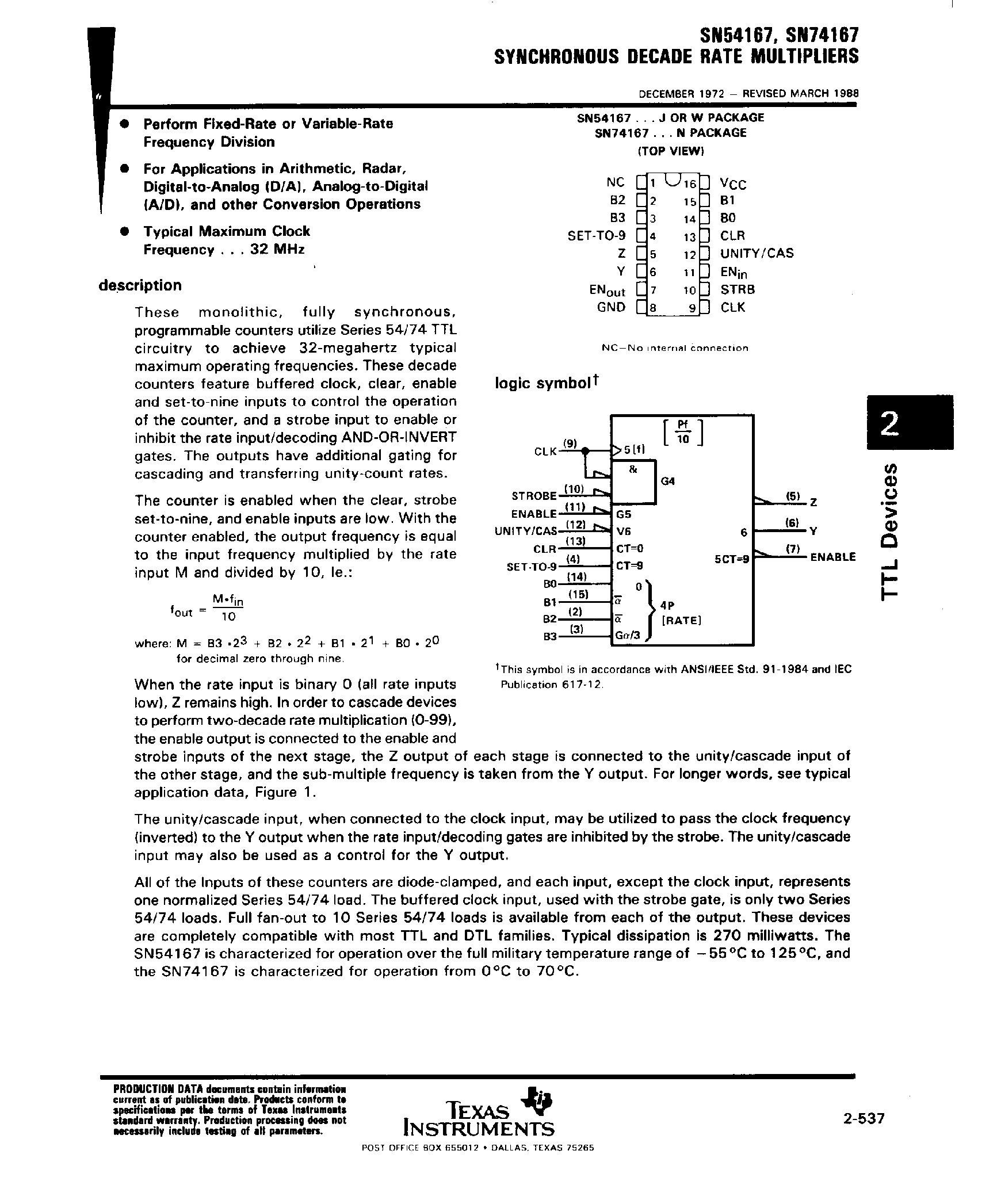 Datasheet SN74167 - Synchronous Decade Rate Multipliers page 1