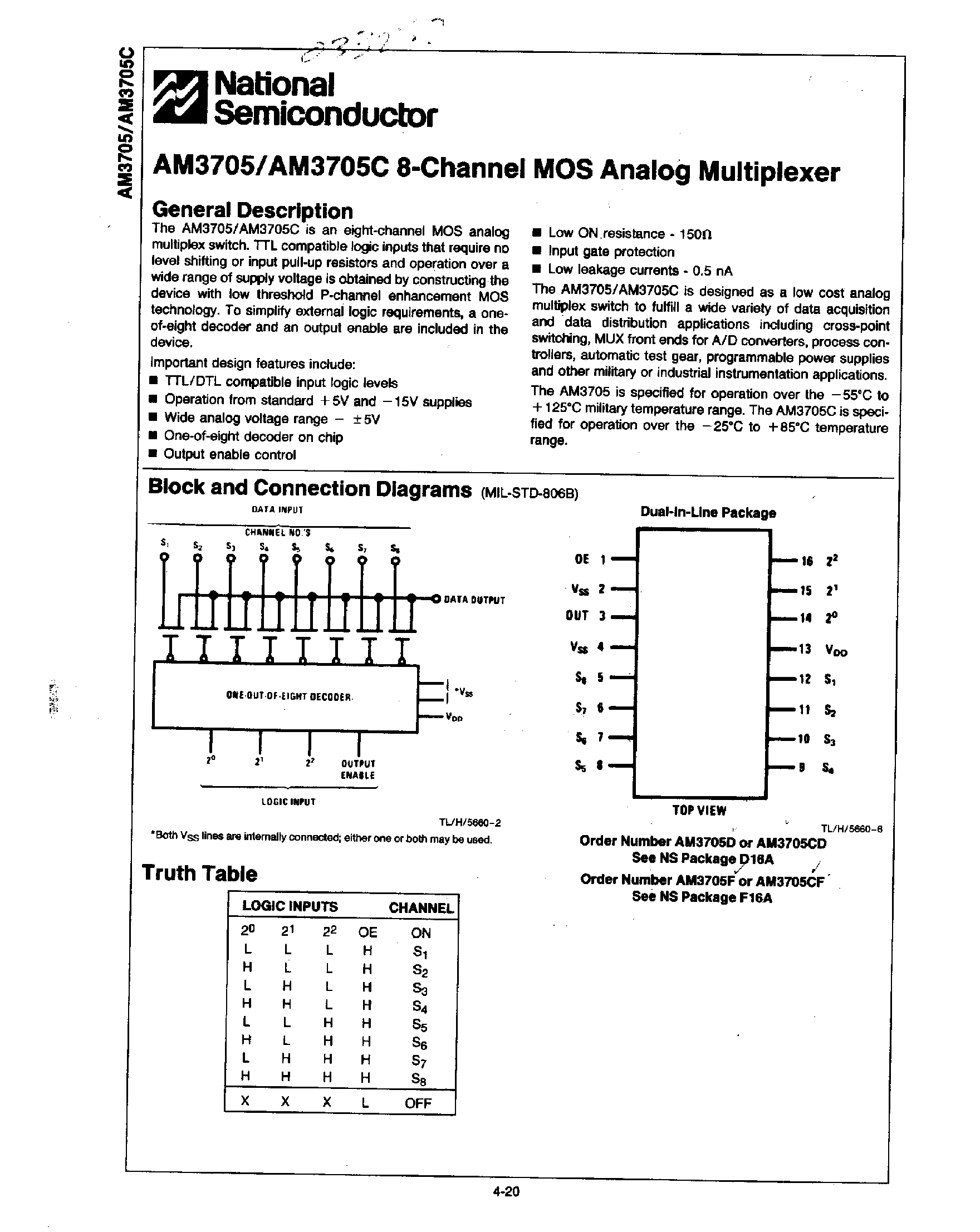 Даташит AM3705 - 8 Channel MOS Analog Multiplexer страница 1