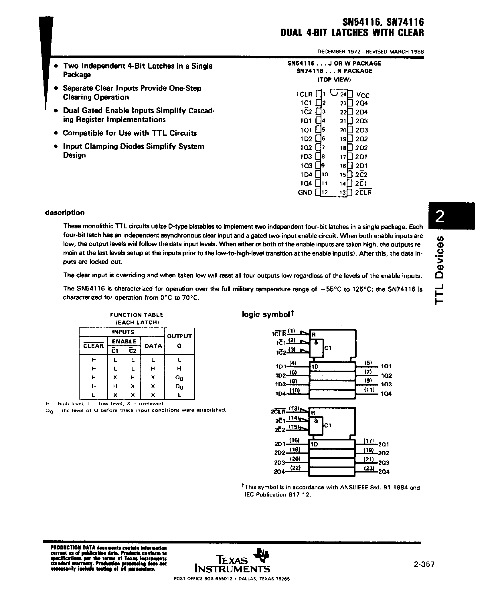 Datasheet SN74116 - Dual 4 Bit Latches with Clear page 1