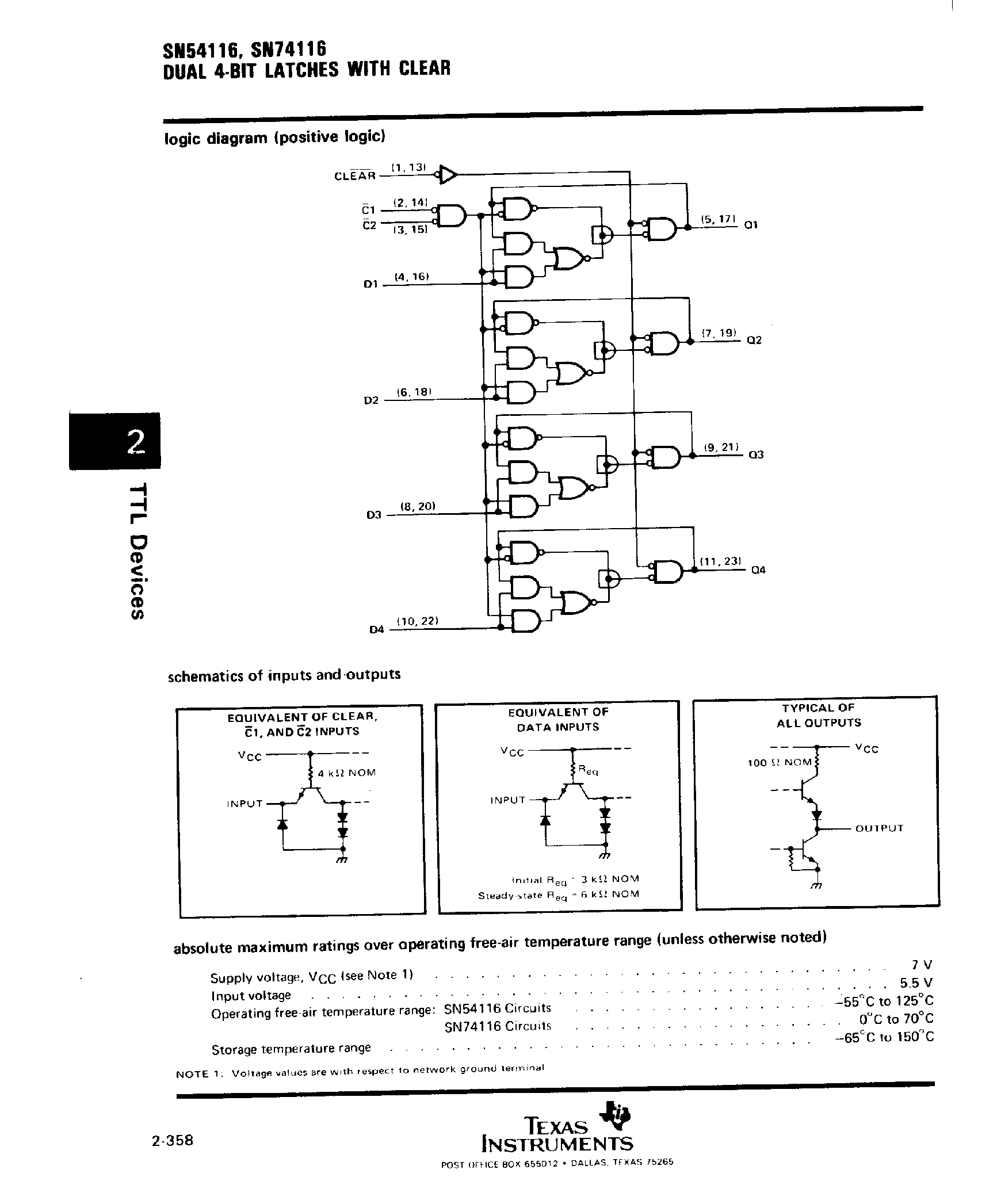 Datasheet SN74116 - Dual 4 Bit Latches with Clear page 2