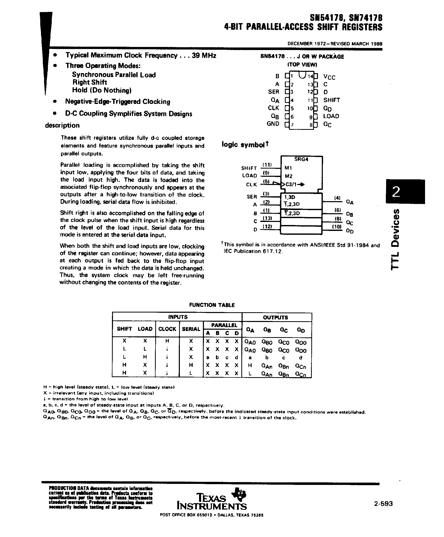 Datasheet SN74178 - 4 Bit Parallel Access Shift Registers page 1