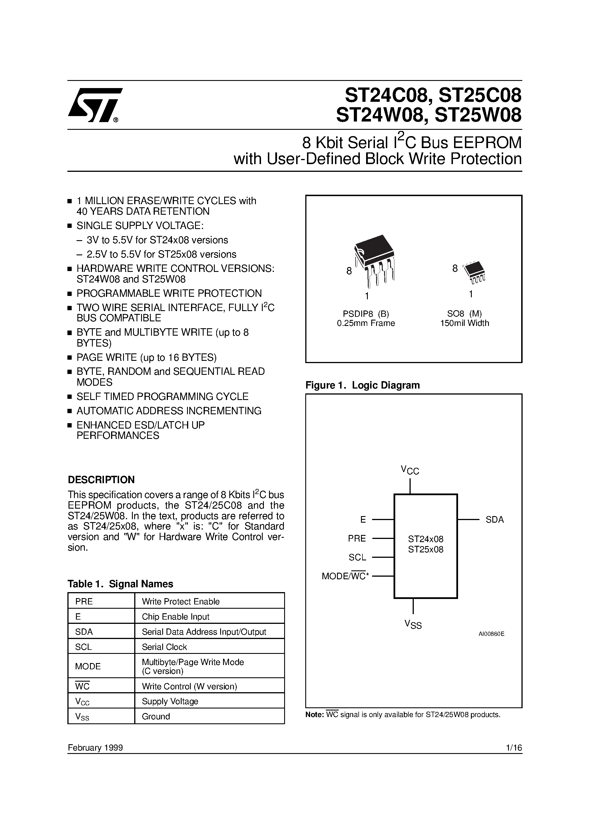 Datasheet ST24W08 - 8 Kbit Serial I2C Bus EEPROM with User-Defined Block Write Protection page 1