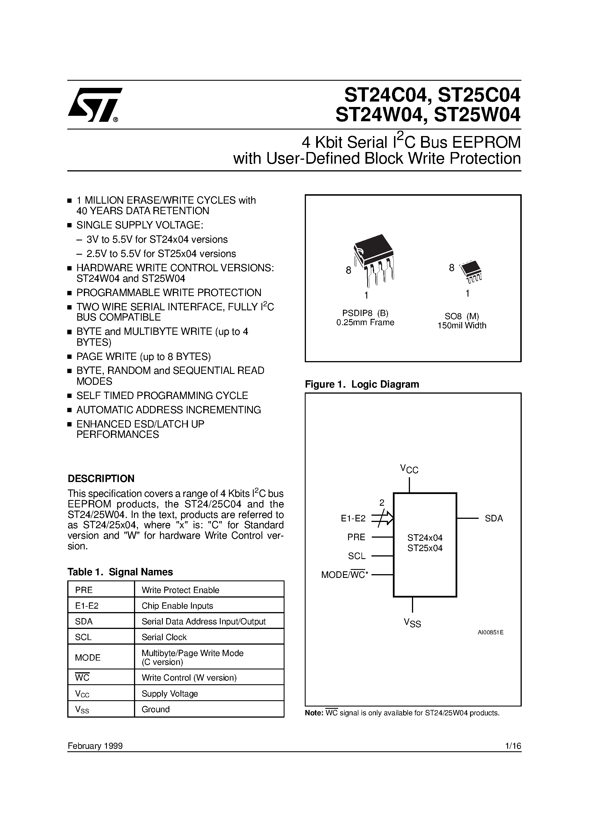 Datasheet ST24W04 - 4 Kbit Serial I2C Bus EEPROM with User-Defined Block Write Protection page 1