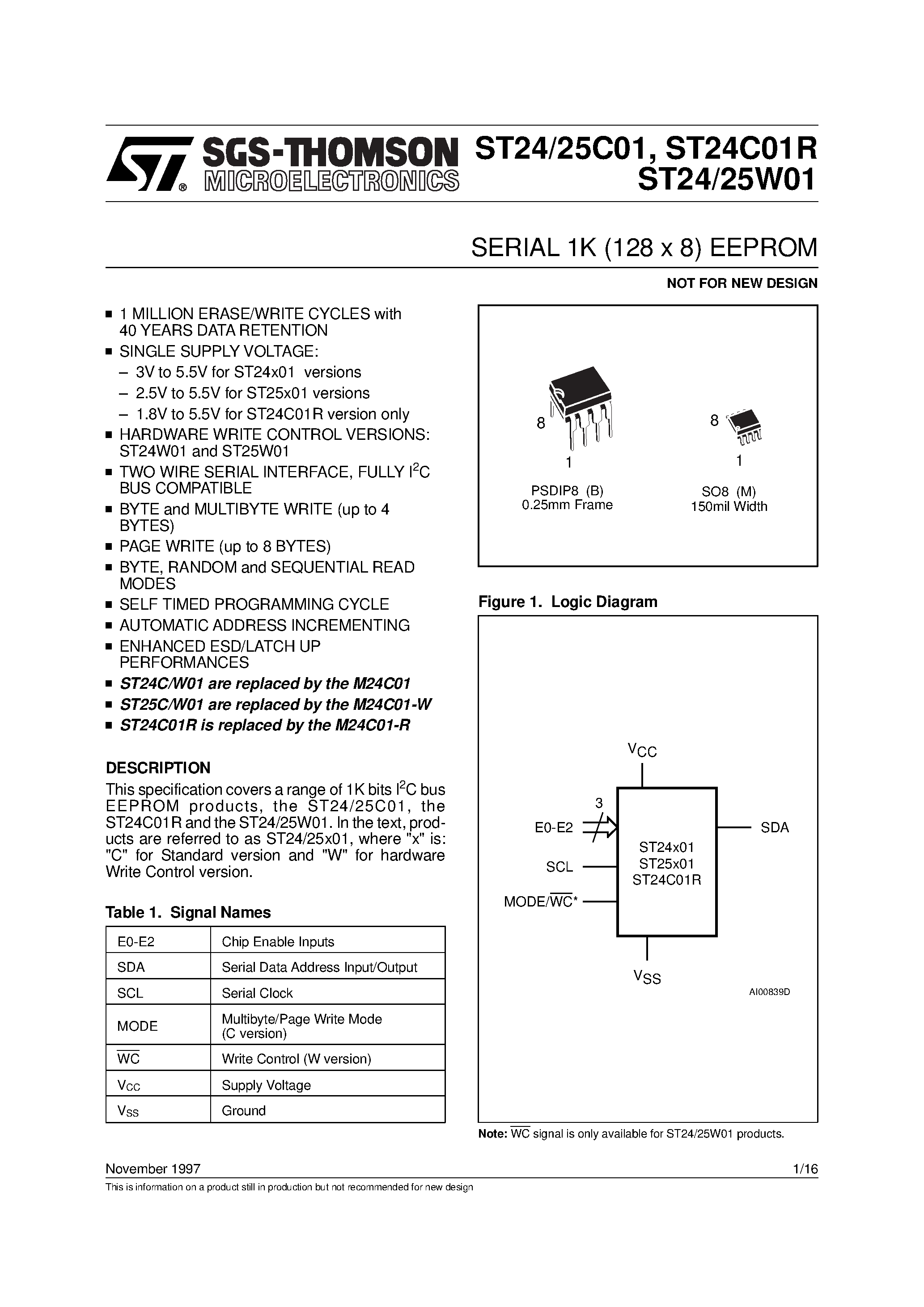 Datasheet ST24W01 - SERIAL 1K 128 x 8 EEPROM page 1