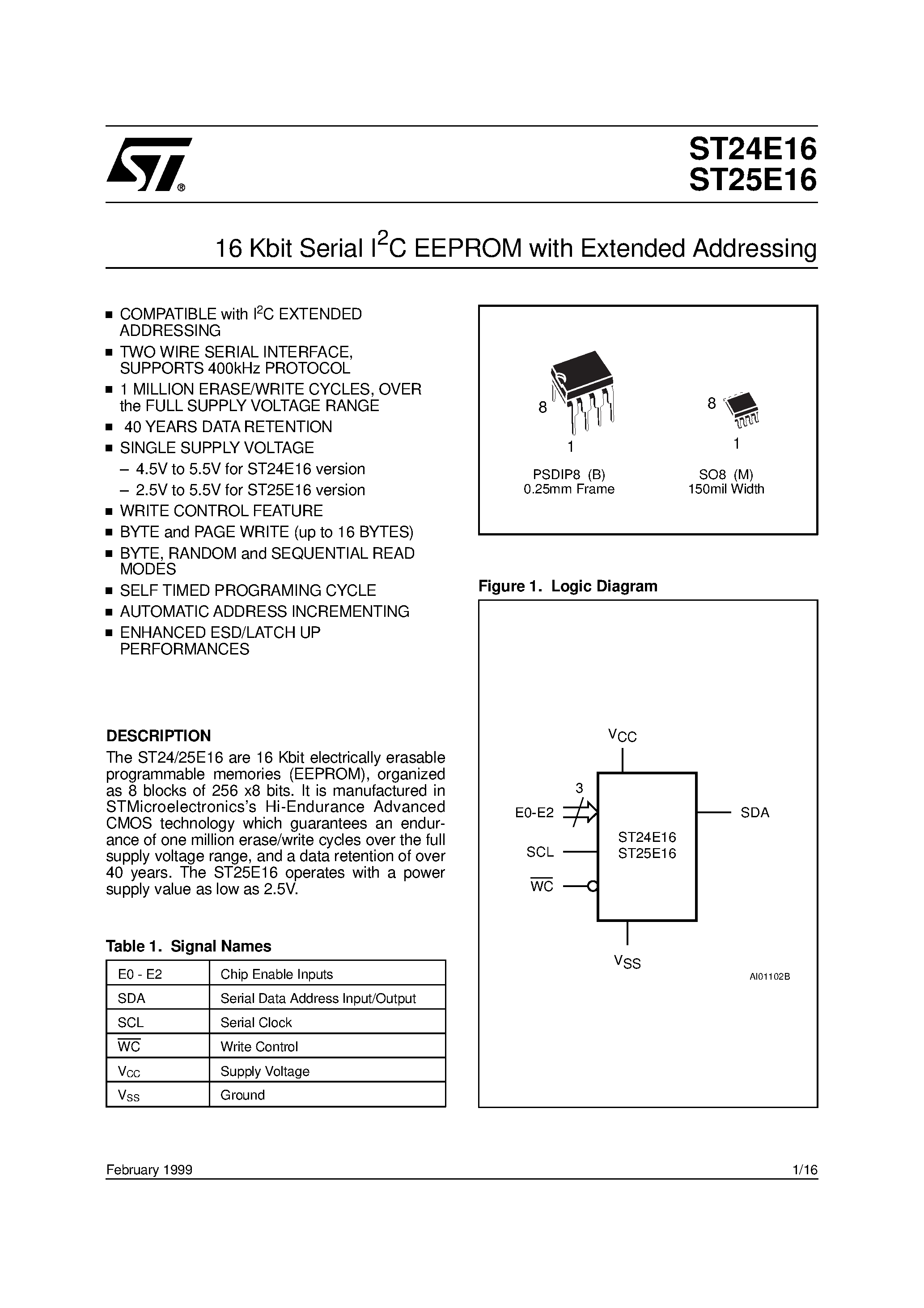 Datasheet ST24E16 - 16 Kbit Serial I2C EEPROM with Extended Addressing page 1