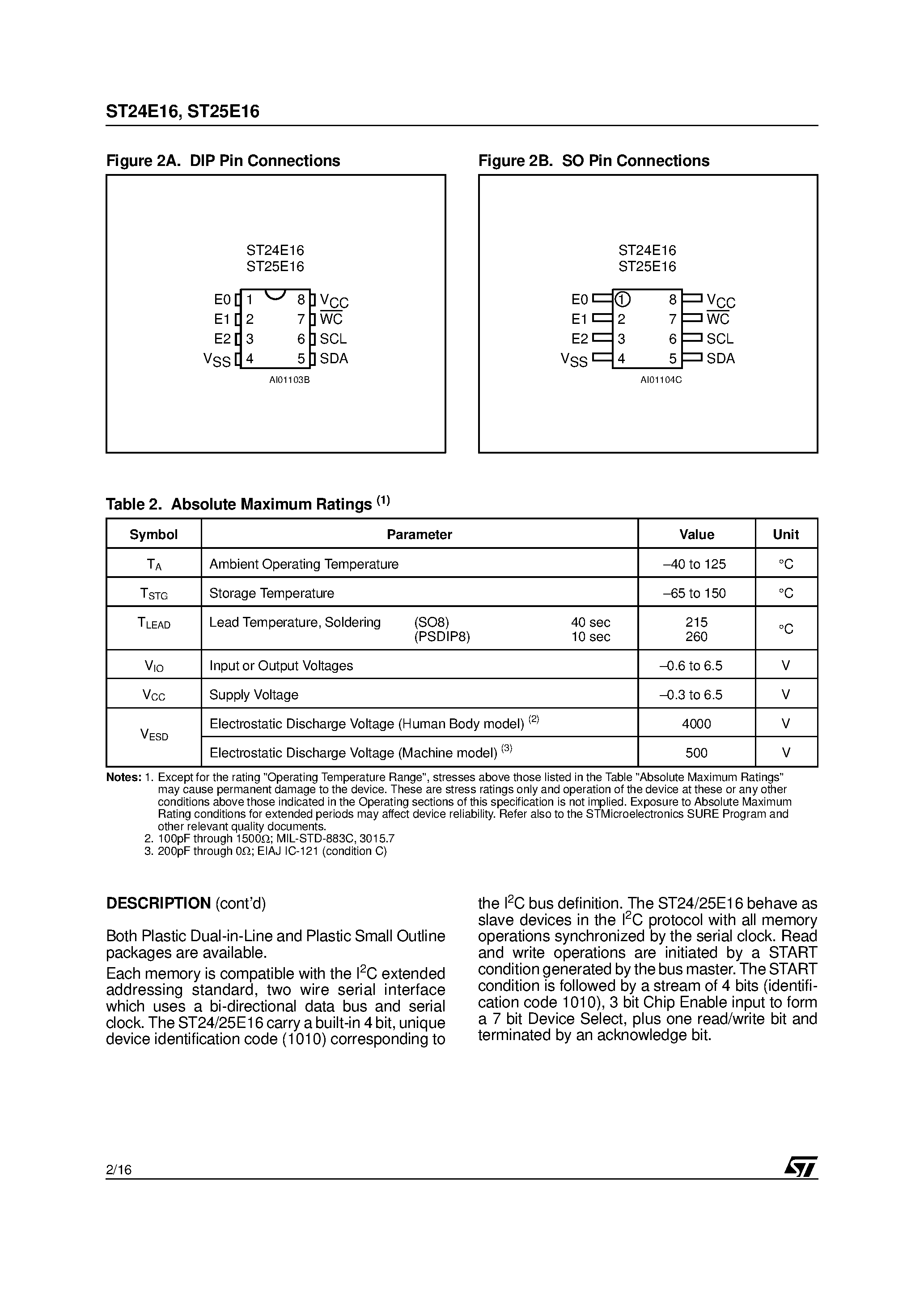 Datasheet ST24E16 - 16 Kbit Serial I2C EEPROM with Extended Addressing page 2