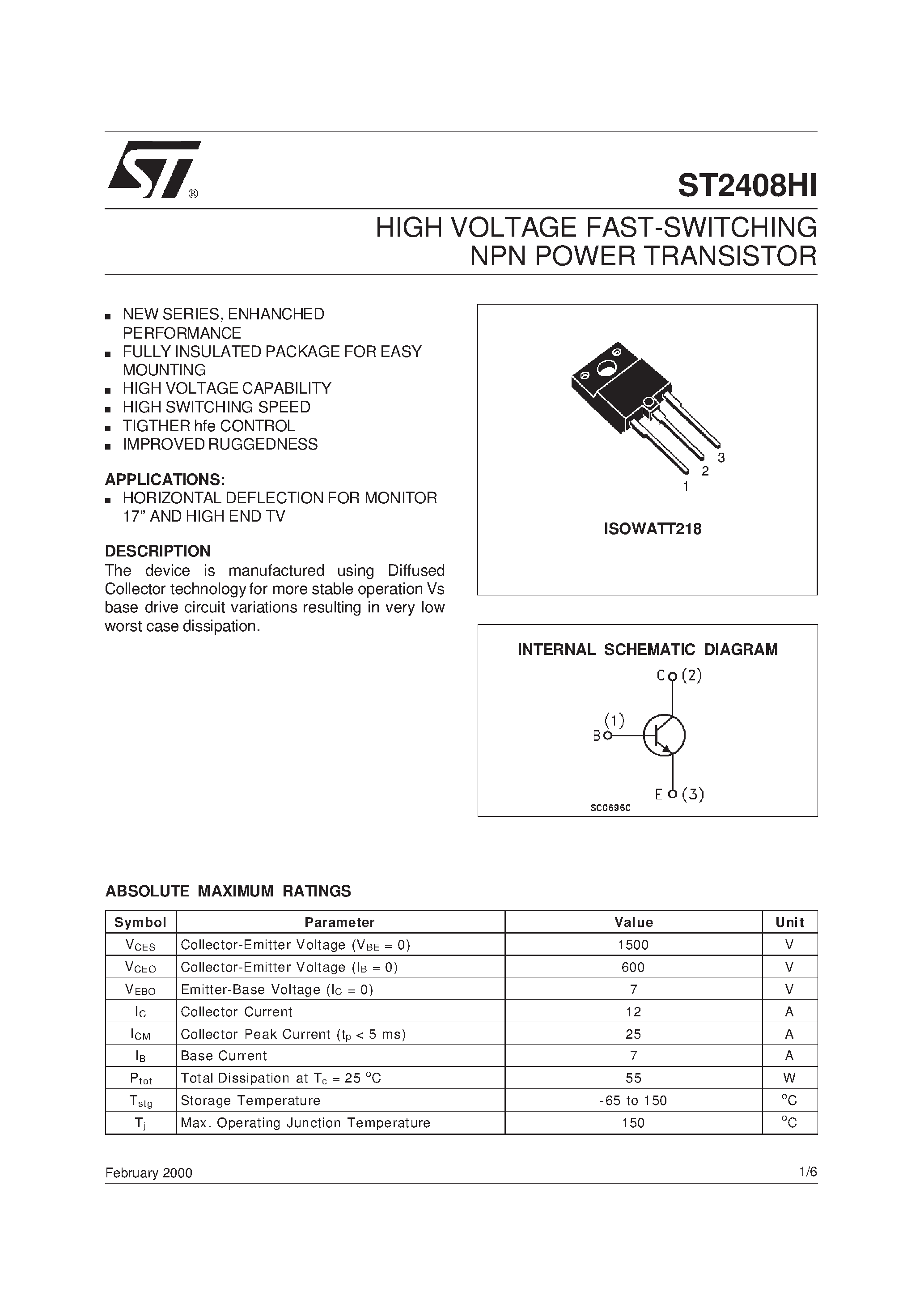 Datasheet ST2408HI - HIGH VOLTAGE FAST-SWITCHING NPN POWER TRANSISTOR page 1