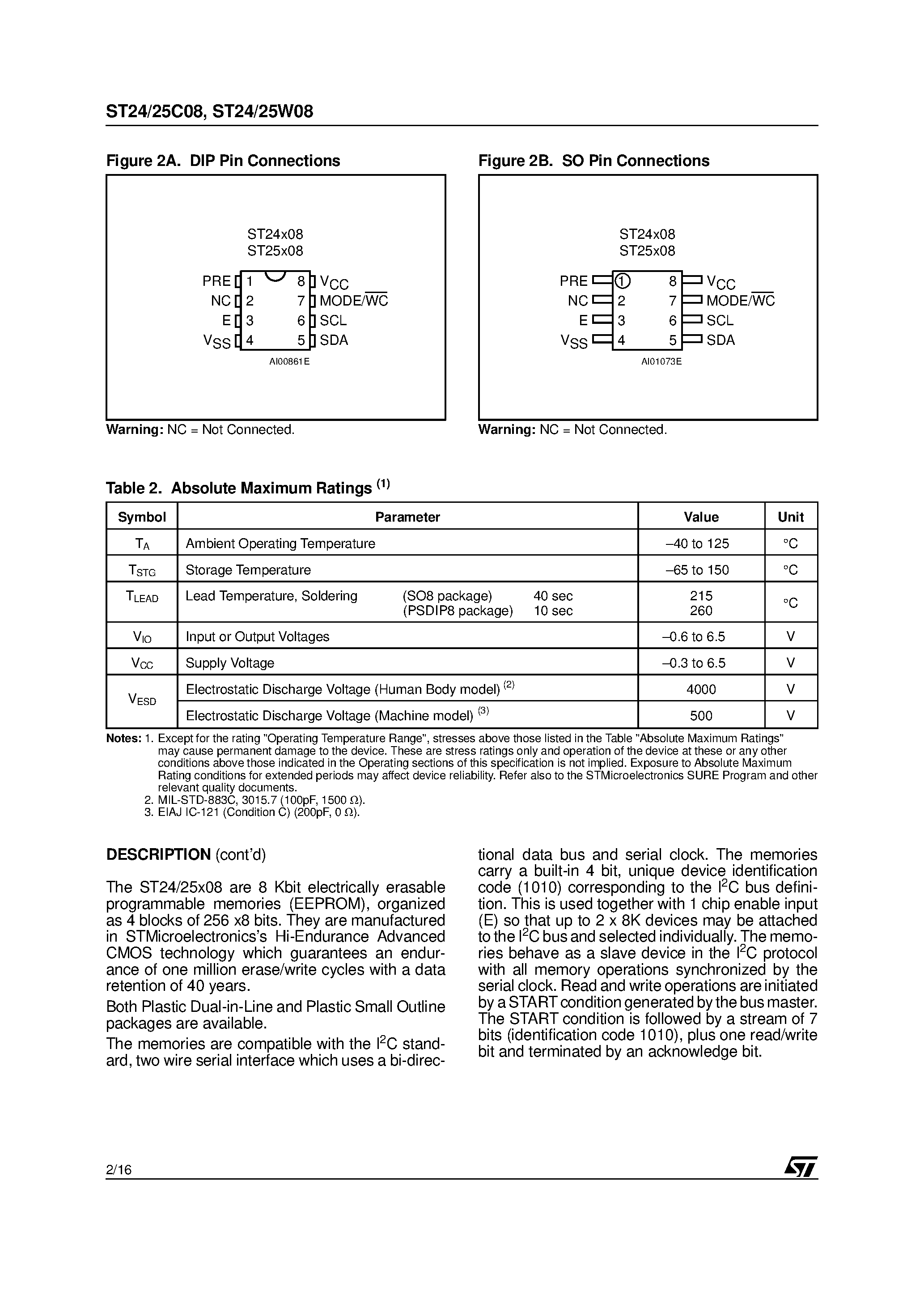 Datasheet ST24C08 - 8 Kbit Serial I2C Bus EEPROM with User-Defined Block Write Protection page 2