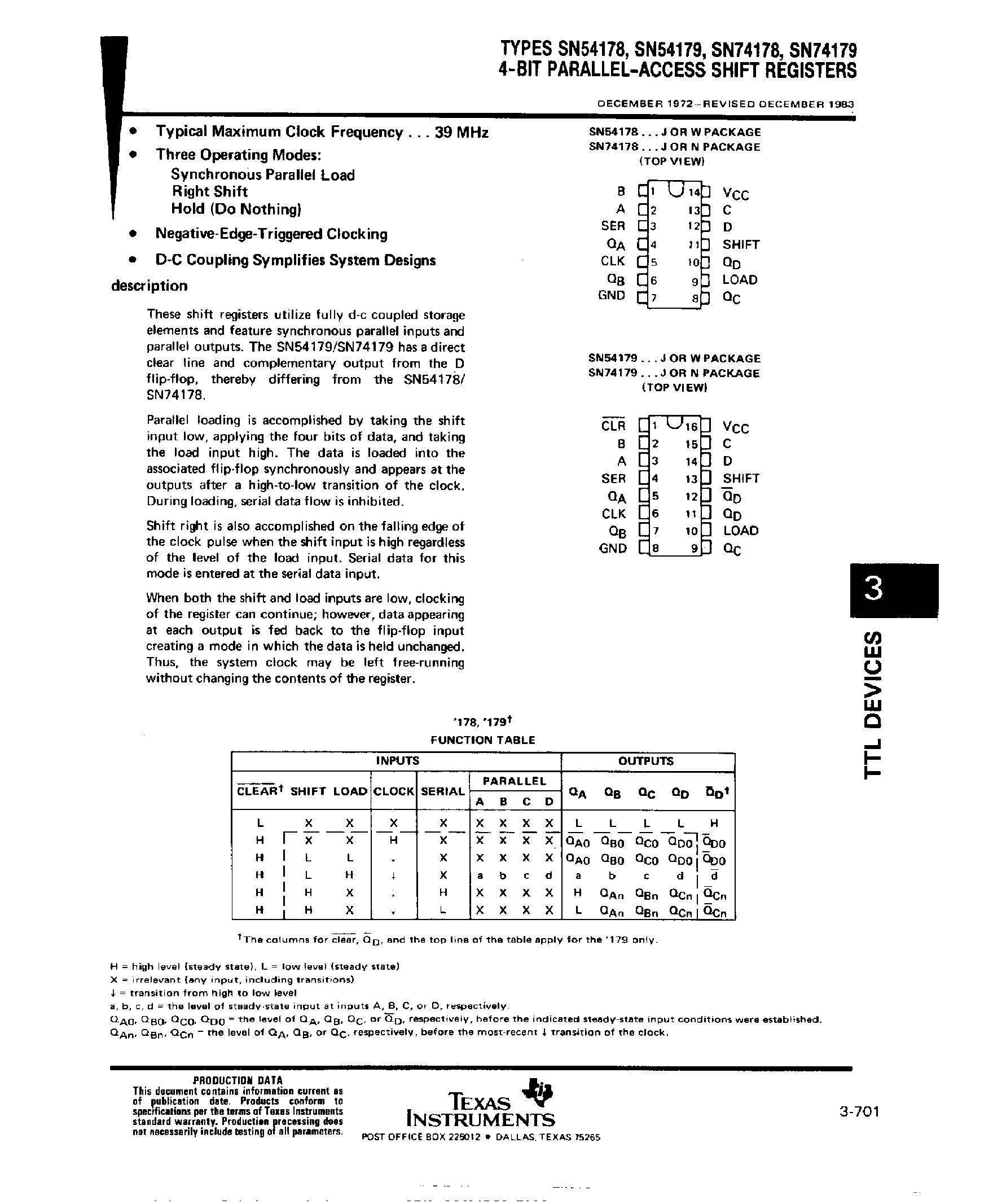 Datasheet SN74179 - 4 Bit Parallel Access Shift Registers page 1