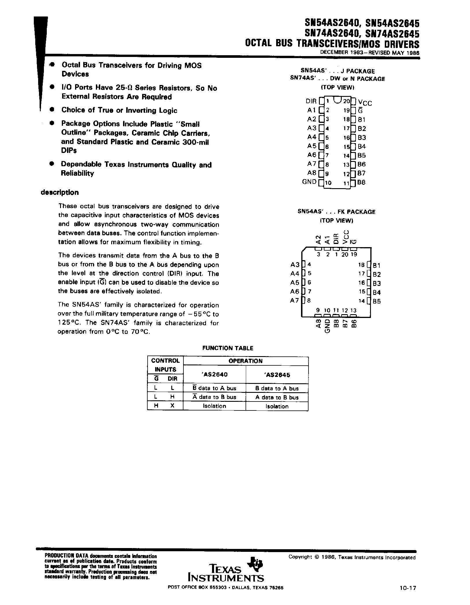 Datasheet SN74AS2640 - (SN74AS2645) Octal Bus Transceivers / MOS Drivers page 1