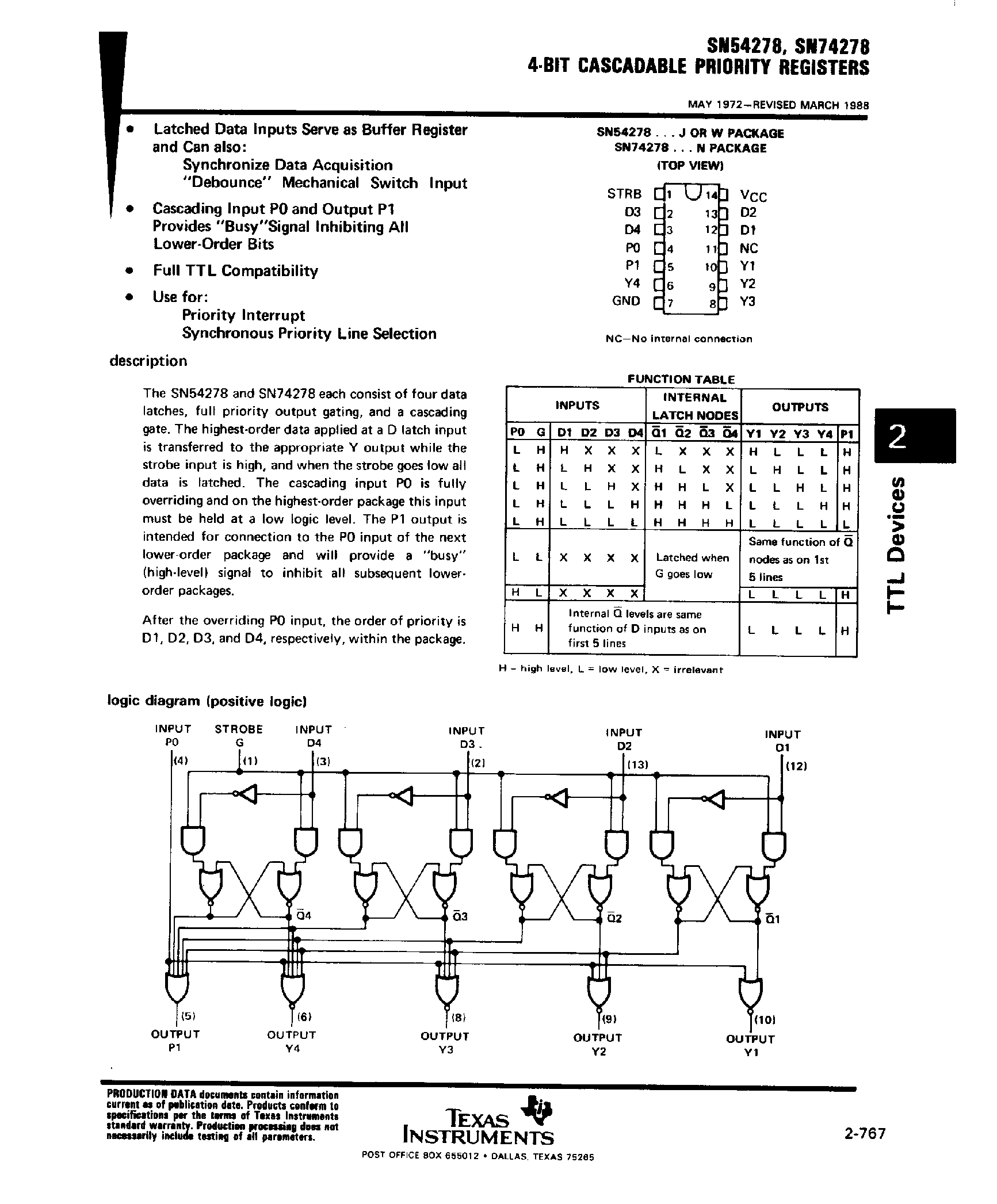 Datasheet SN74278 - 4 Bit Cascadable Priority Registers page 1