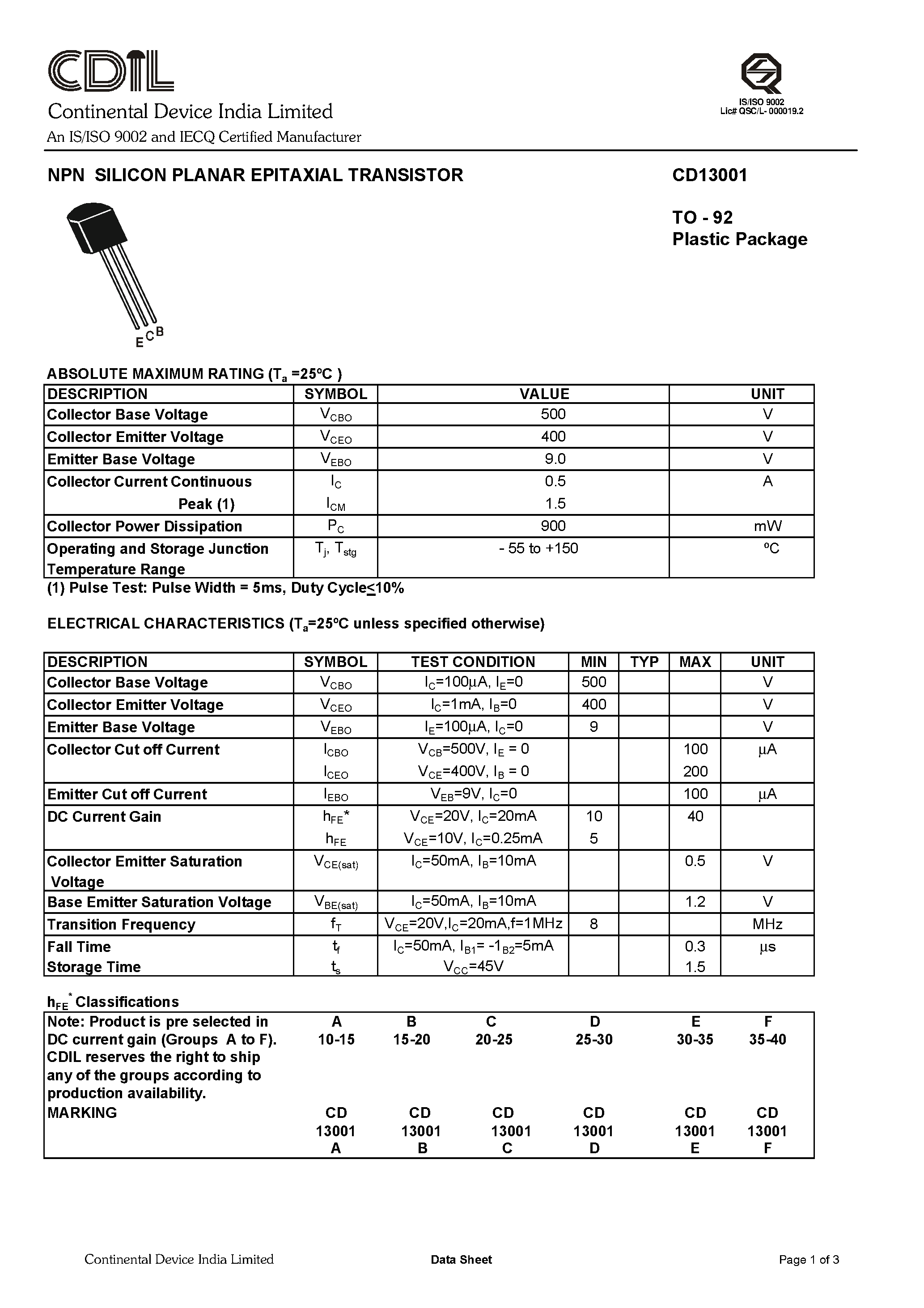 Даташит CD3001 - NPN Silicon Planar Epitaxial Transistor страница 1