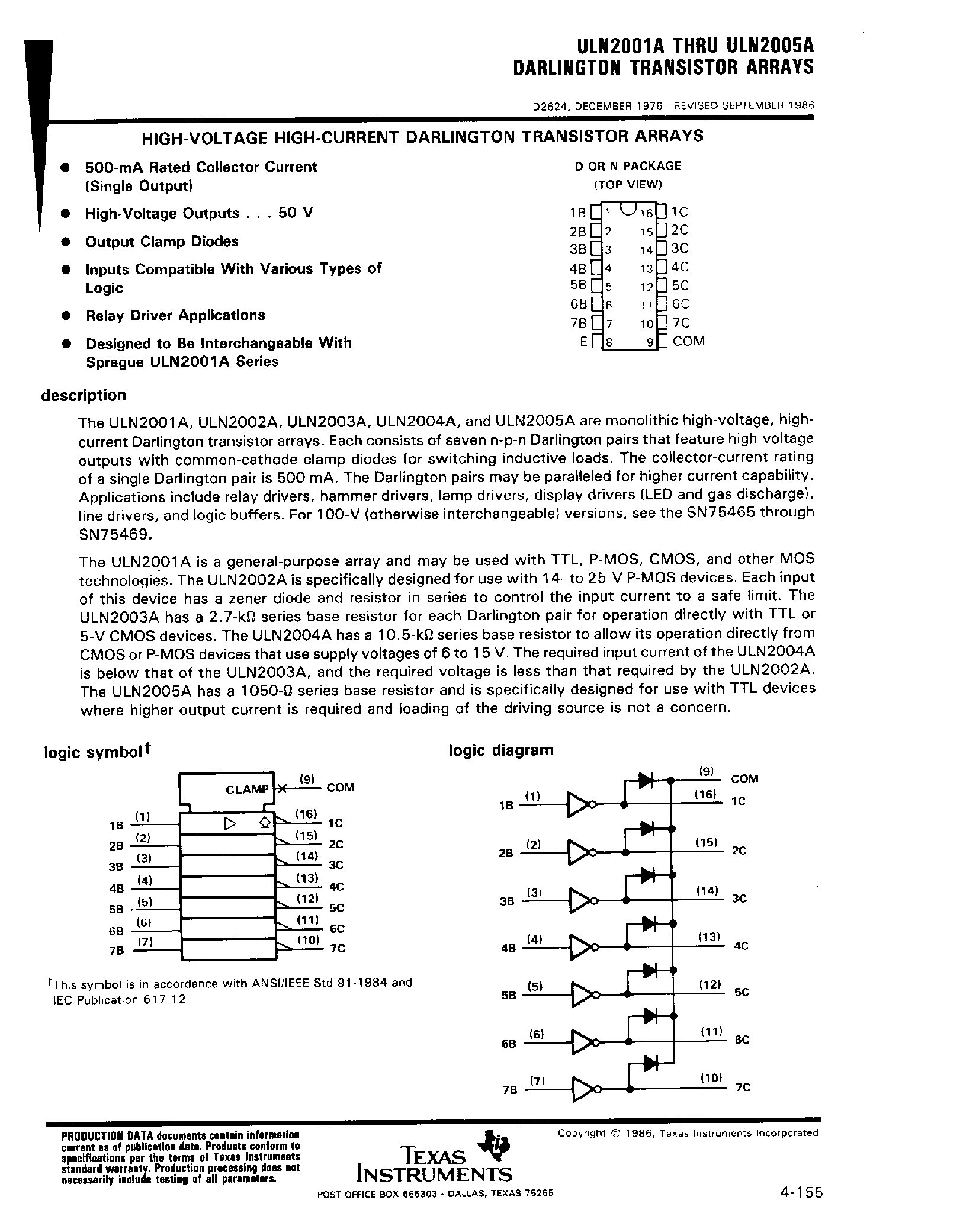 Даташит ULN2005A - (ULN2001A - ULN2005A) Darlington Transistor Arrays страница 1