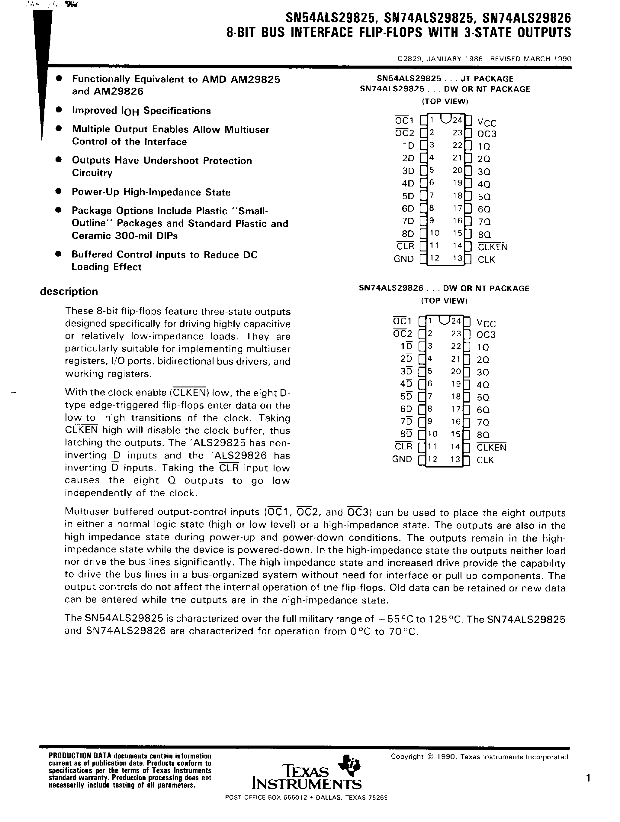 Datasheet SN74ALS29825 - (SN74ALS29826) 8 Bit Bus Interface F-F with 3 State Outputs page 1