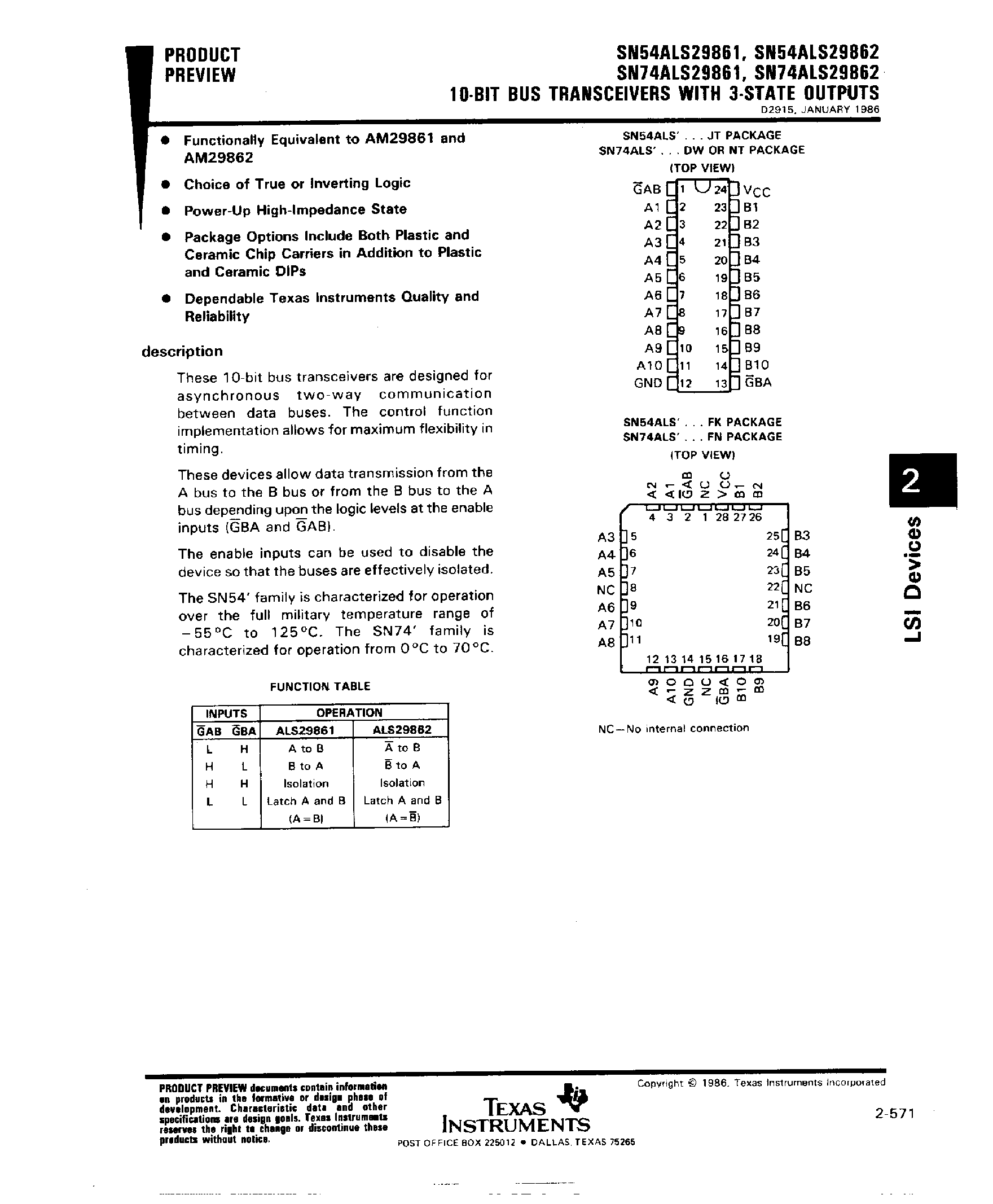 Datasheet SN74ALS29861 - (SN74ALS29862) 10 Bit Bus Transceivers with 3 State Outputs page 1