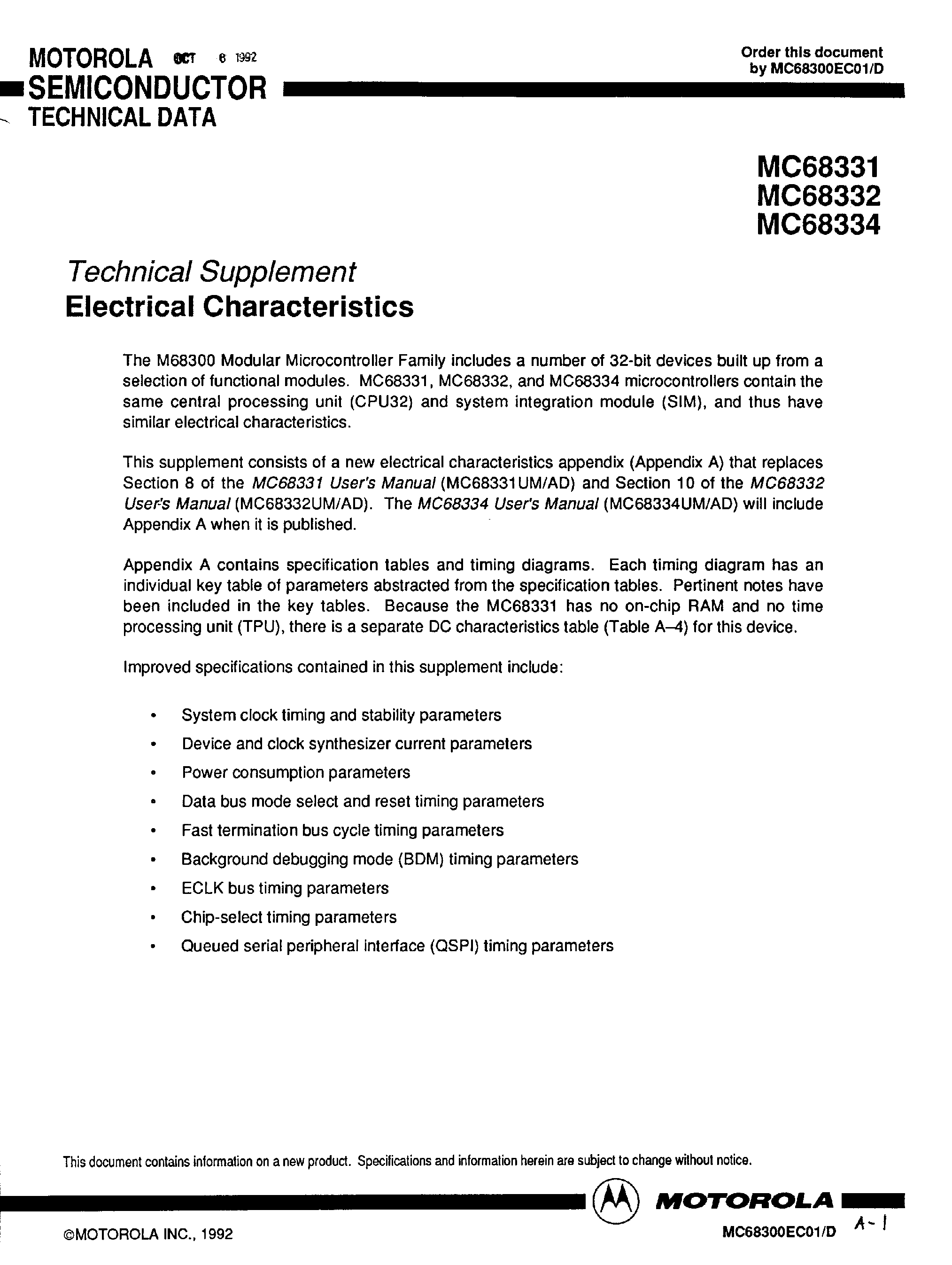 Datasheet MC68334 - (MC68331/MC68332) Electrical Characteristics page 1