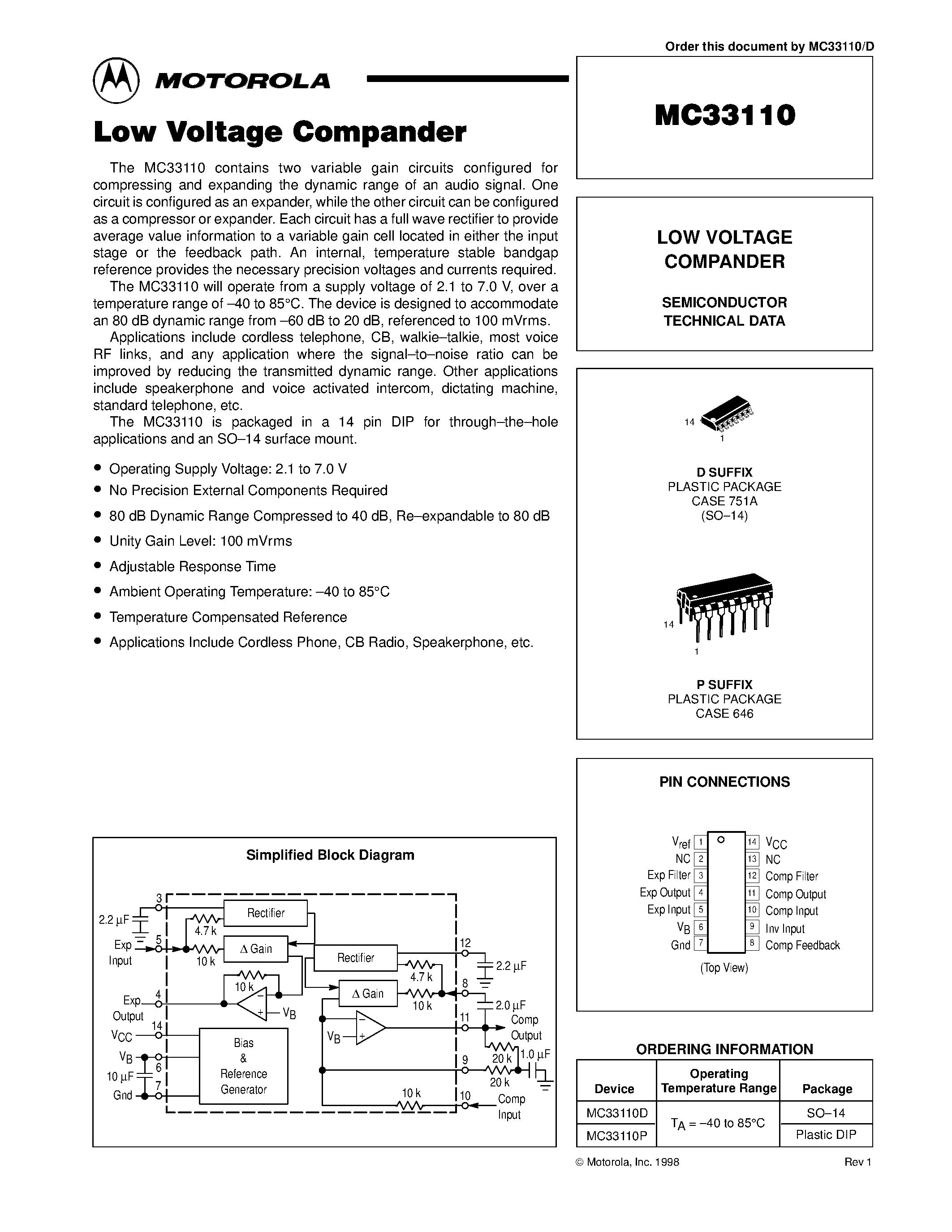 Datasheet MC33110 - LOW VOLTAGE COMPANDER page 1