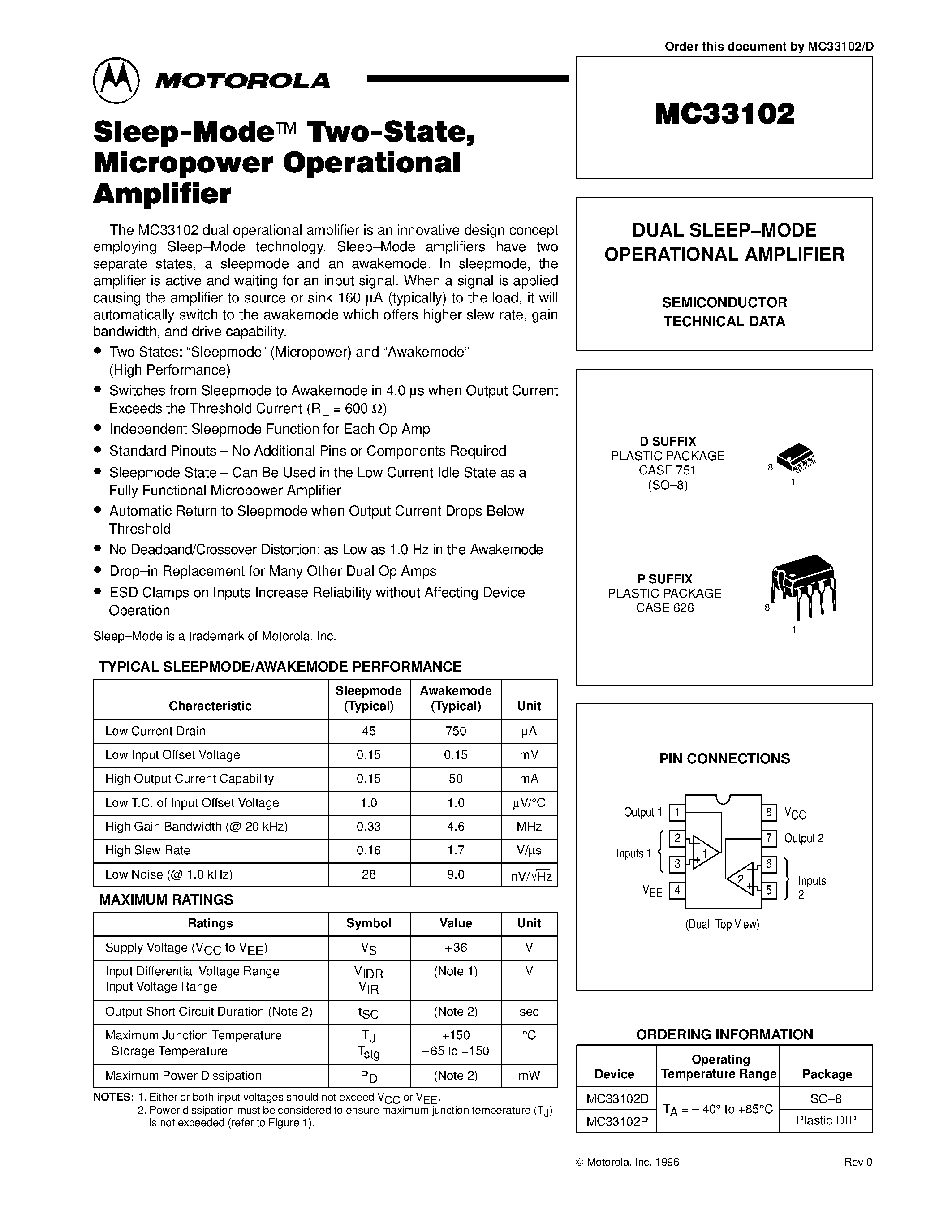 Даташит MC33102 - DUAL SLEEP-MODE OPERATIONAL AMPLIFIER страница 1