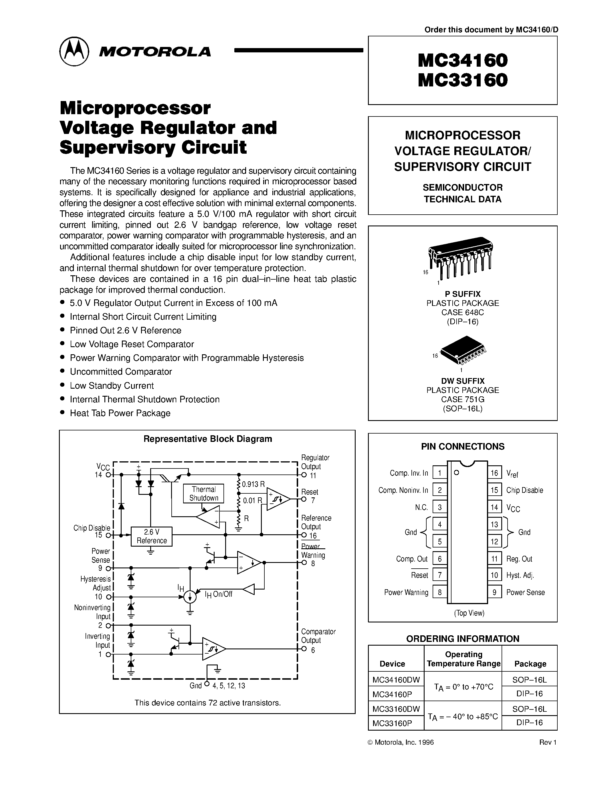 Datasheet MC33160 - MICROPROCESSOR VOLTAGE REGULATOR/ SUPERVISORY CIRCUIT page 1
