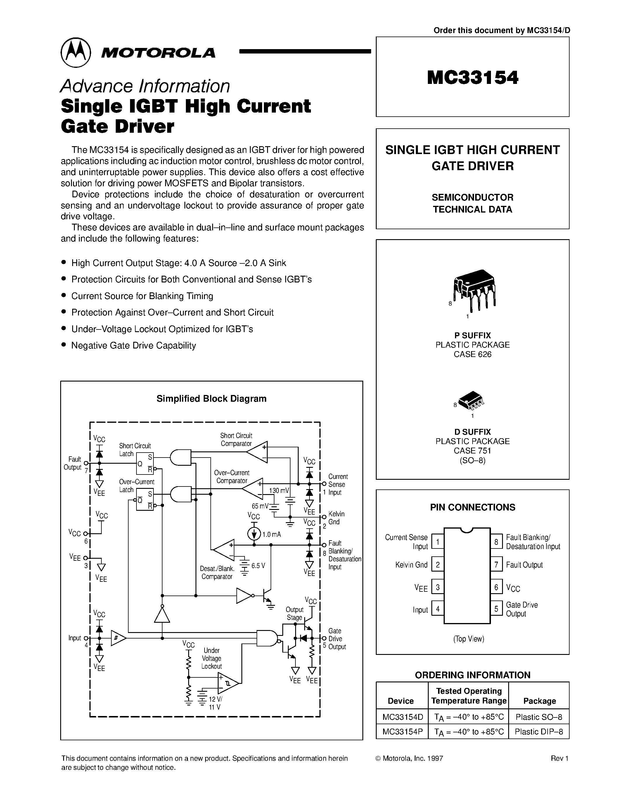Datasheet MC33154 - SINGLE IGBT HIGH CURRENT GATE DRIVER page 1
