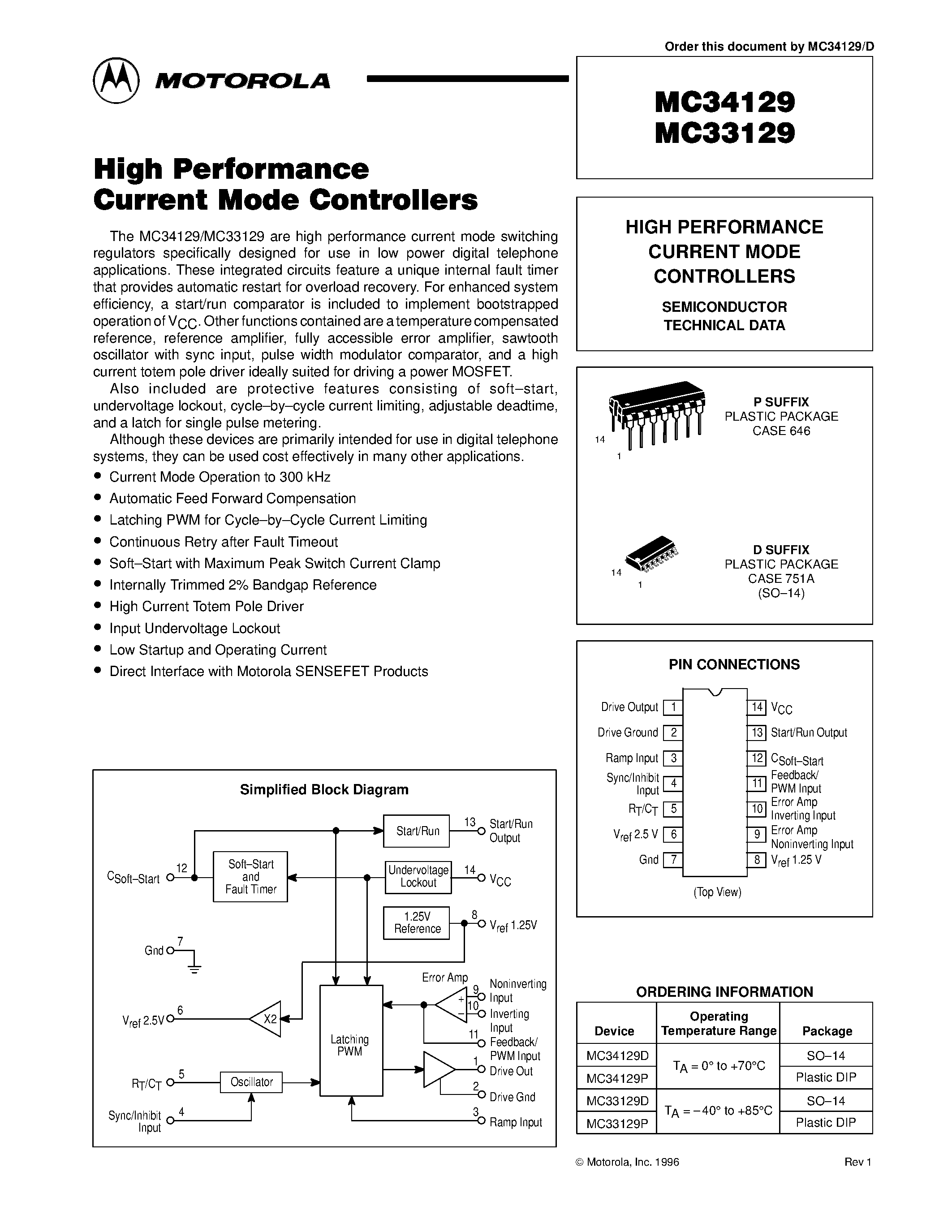 Datasheet MC33129 - HIGH PERFORMANCE CURRENT MODE CONTROLLERS page 1
