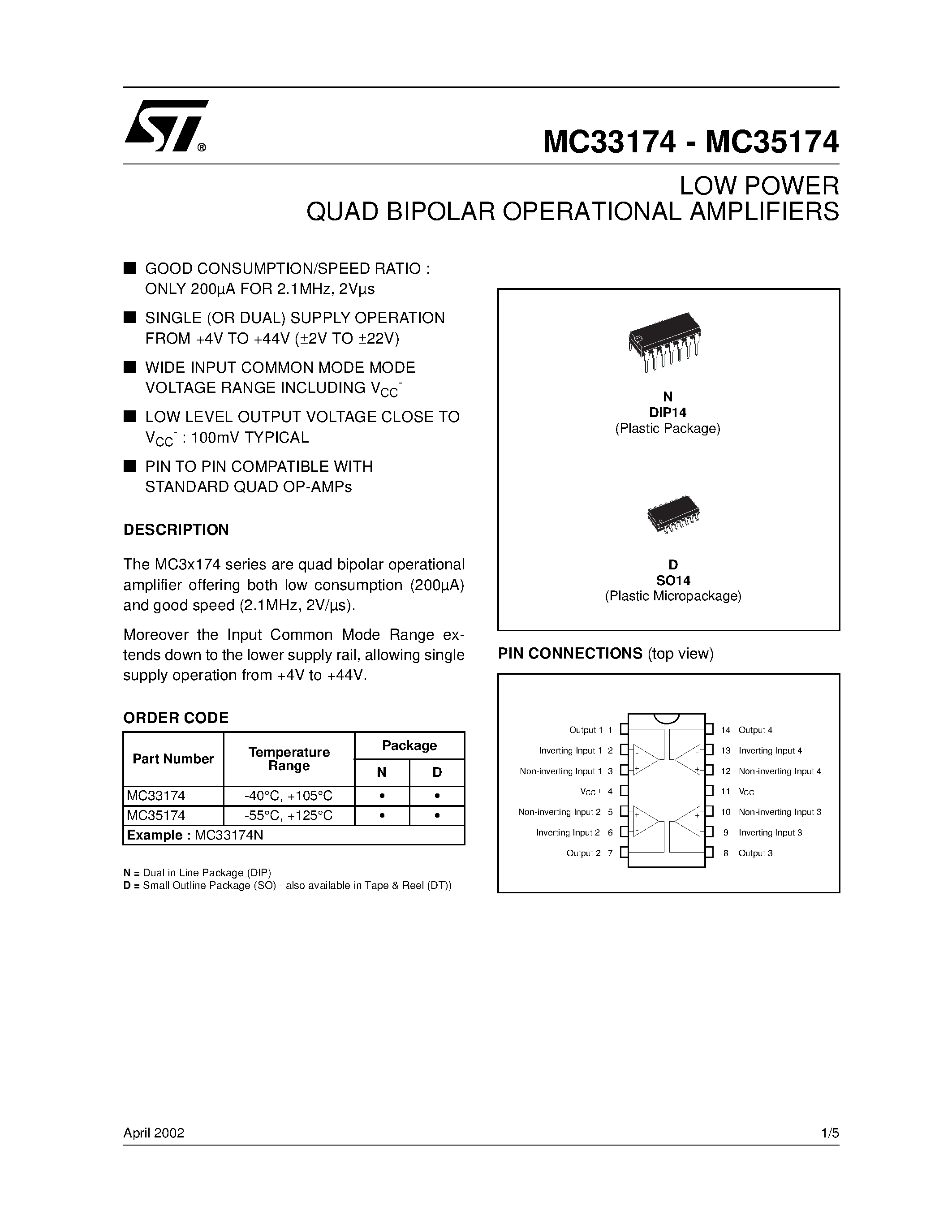 Datasheet MC33174 - LOW POWER QUAD BIPOLAR OPERATIONAL AMPLIFIERS page 1