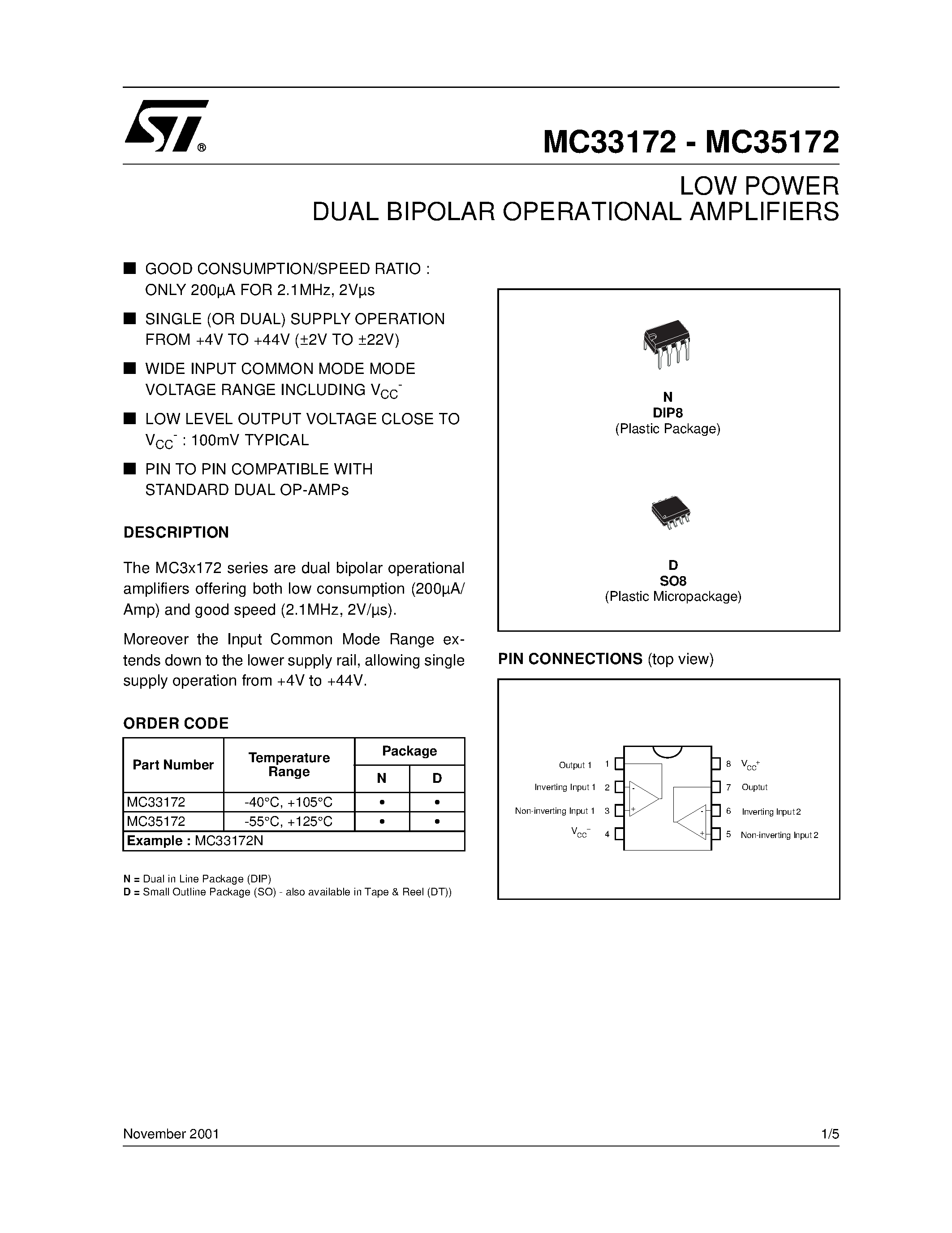 Datasheet MC33172 - LOW POWER QUAD BIPOLAR OPERATIONAL AMPLIFIERS page 1