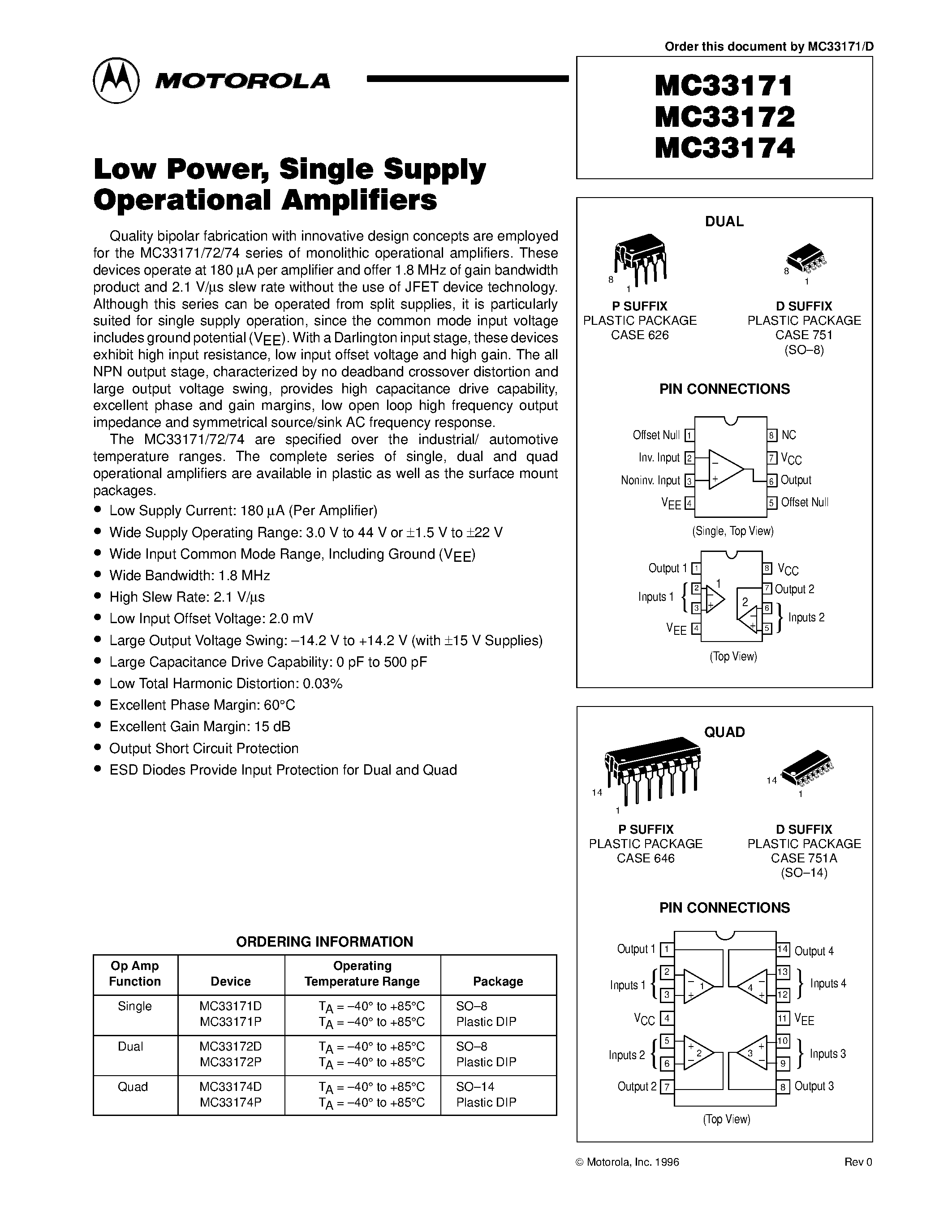 Даташит MC33171 - (MC33172/MC33174) Low Power / Single Supply Operational Amplifiers страница 1