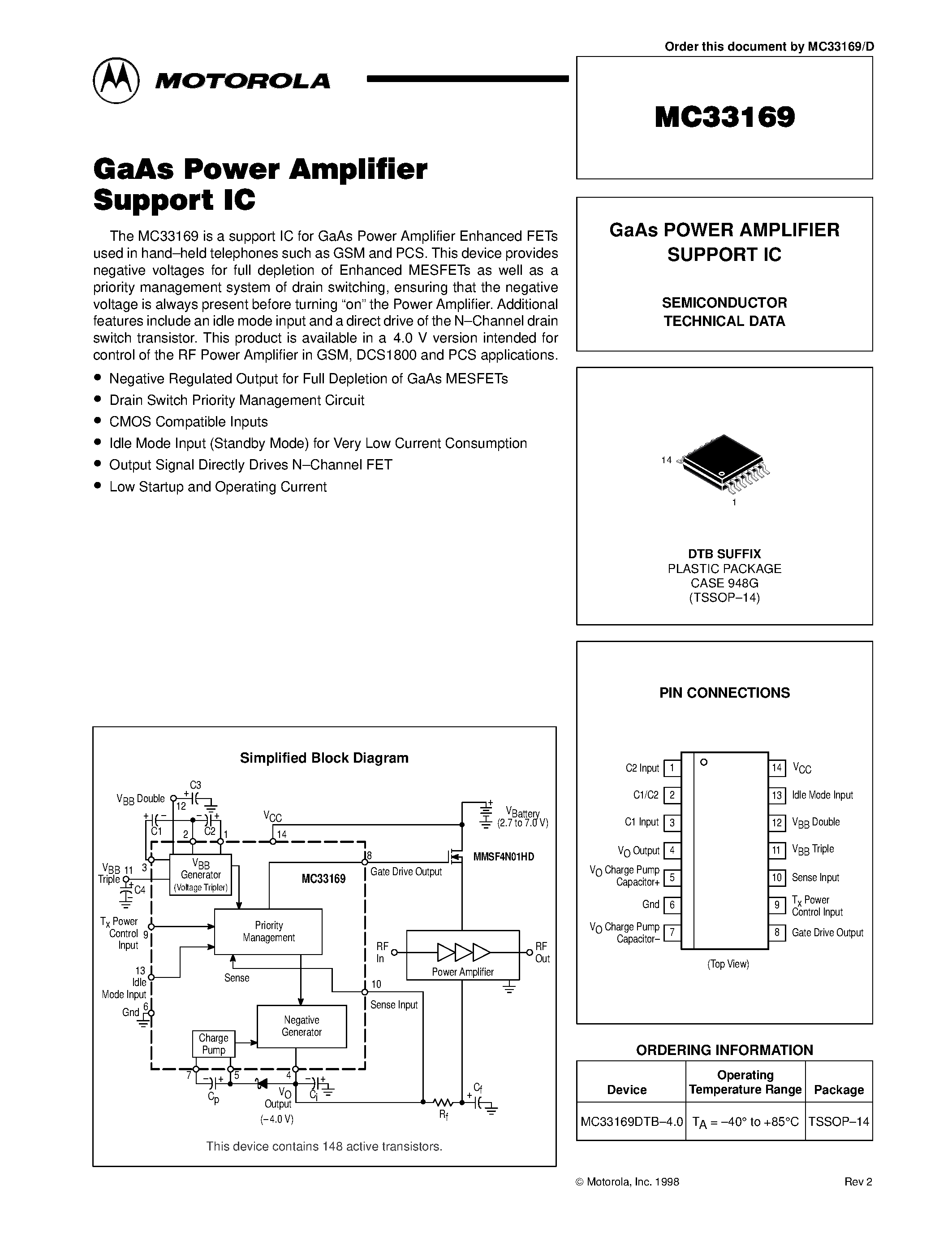 Даташит MC33169 - GaAs POWER AMPLIFIER SUPPORT IC страница 1