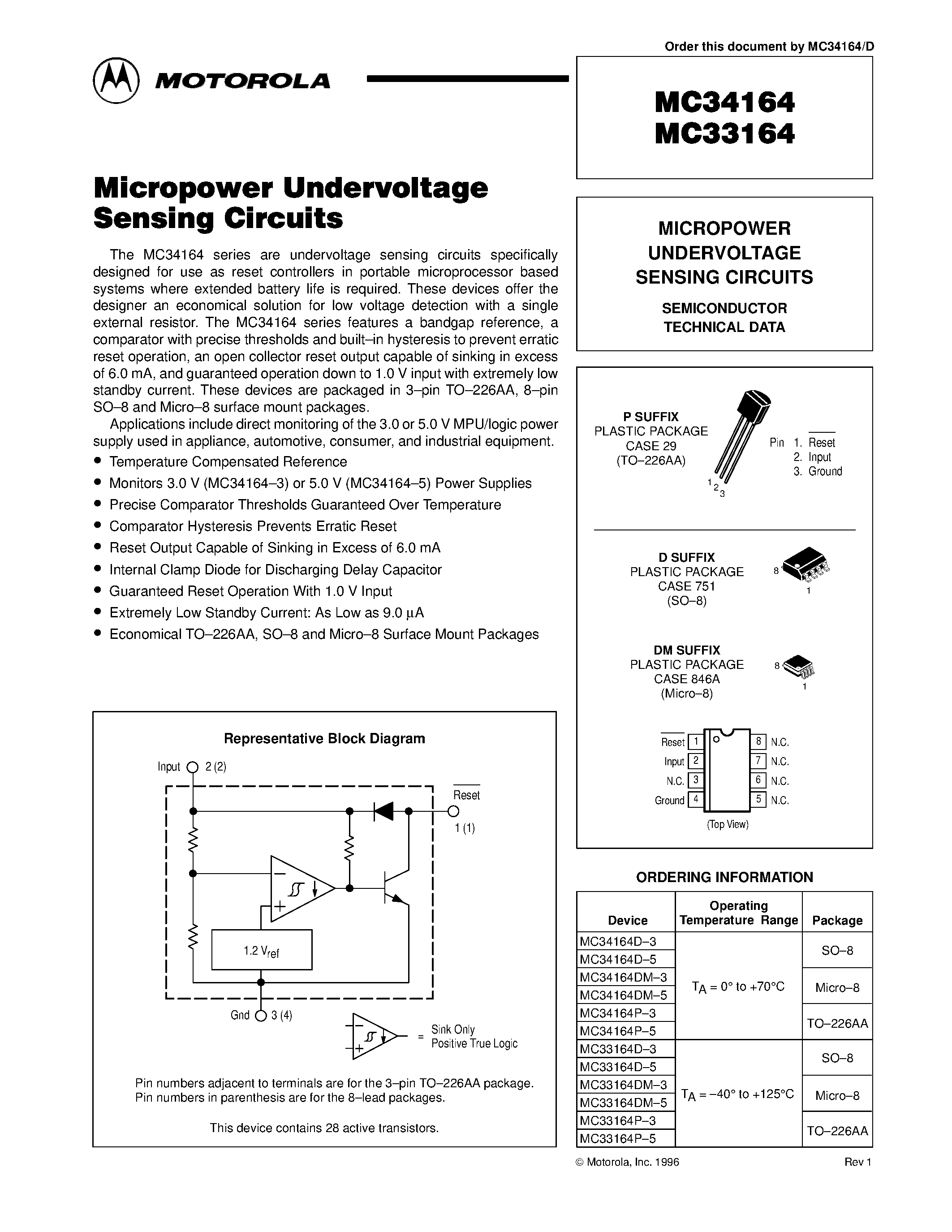 Datasheet MC33164 - MICROPOWER UNDERVOLTAGE SENSING CIRCUITS page 1
