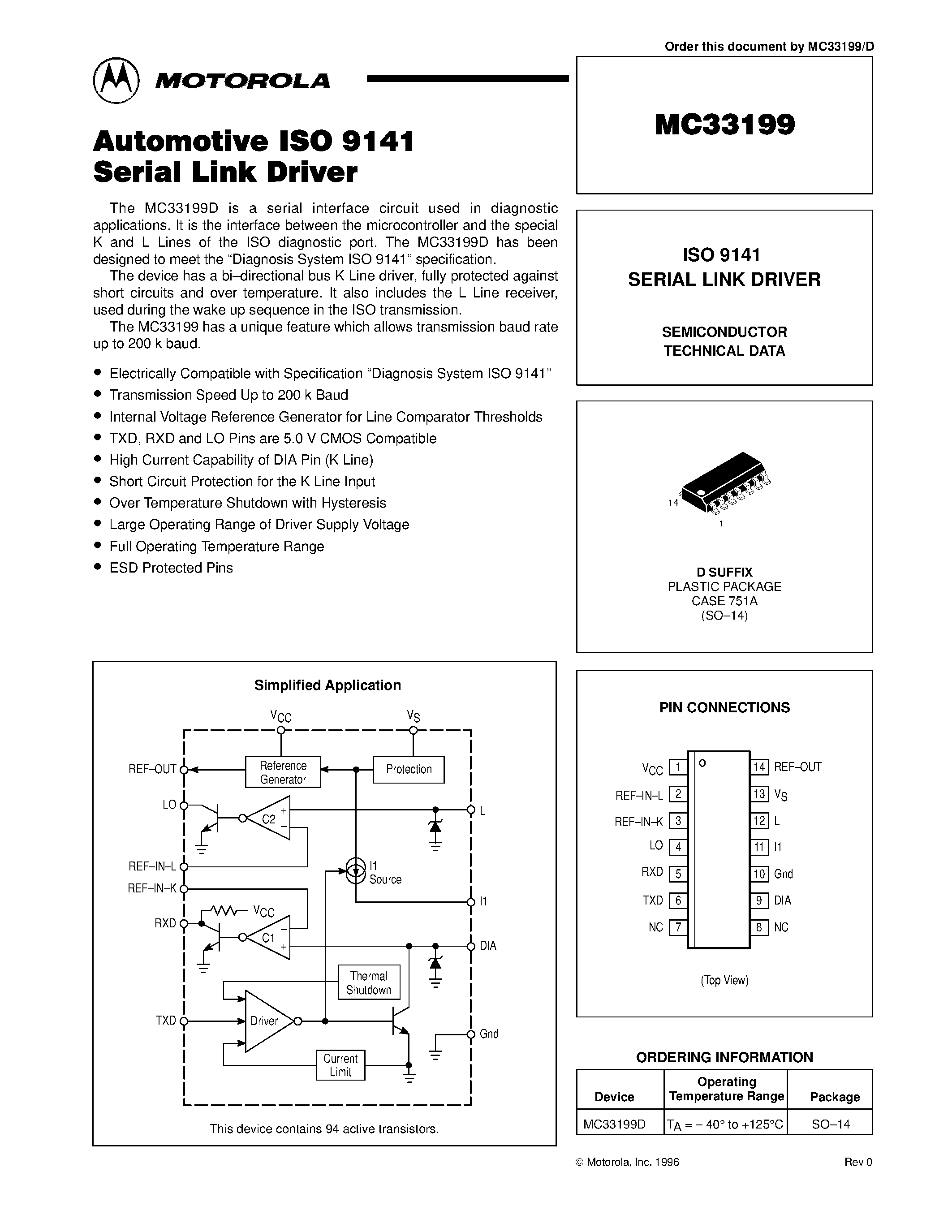 Даташит MC33199 - ISO 9141 SERIAL LINK DRIVER страница 1