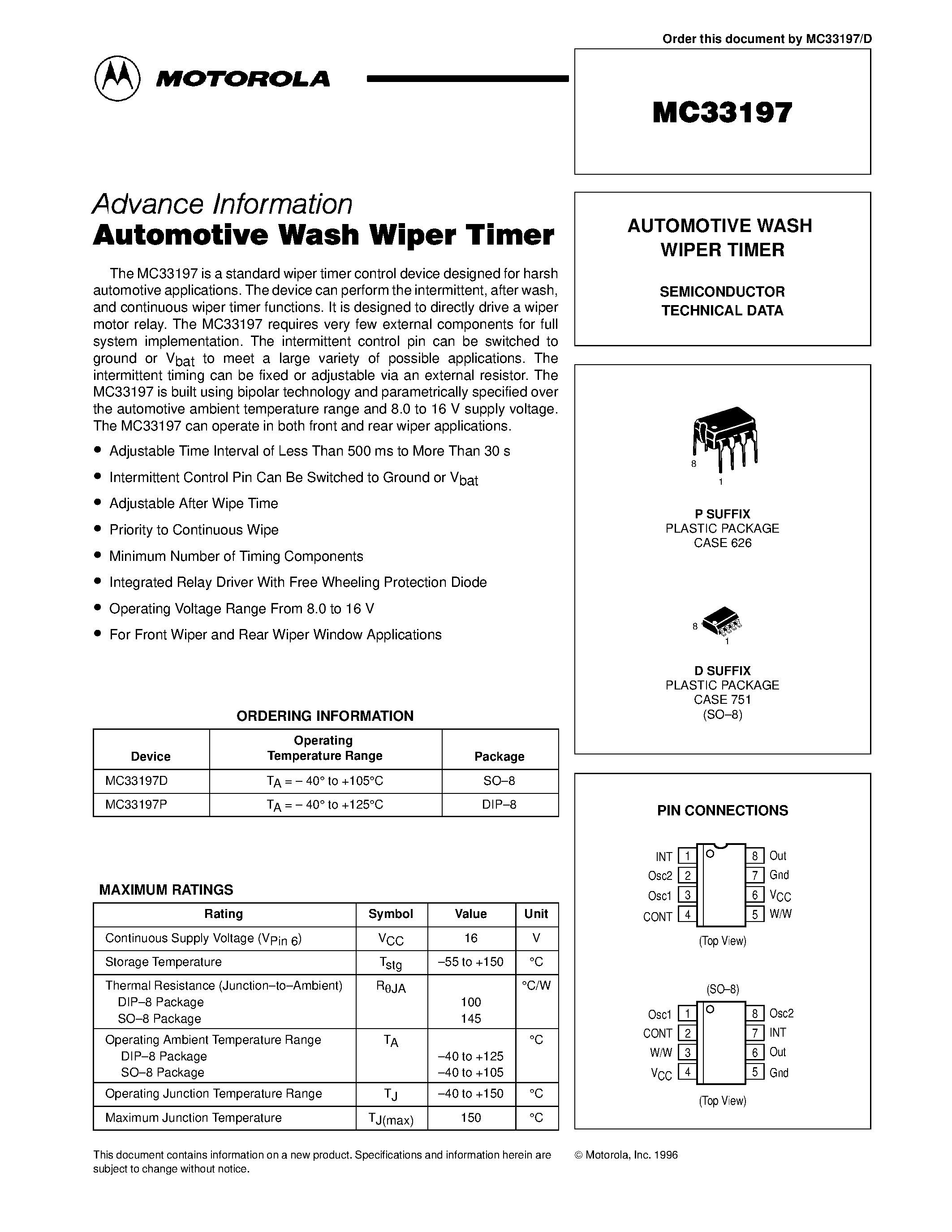 Даташит MC33197 - AUTOMOTIVE WASH WIPER TIMER страница 1