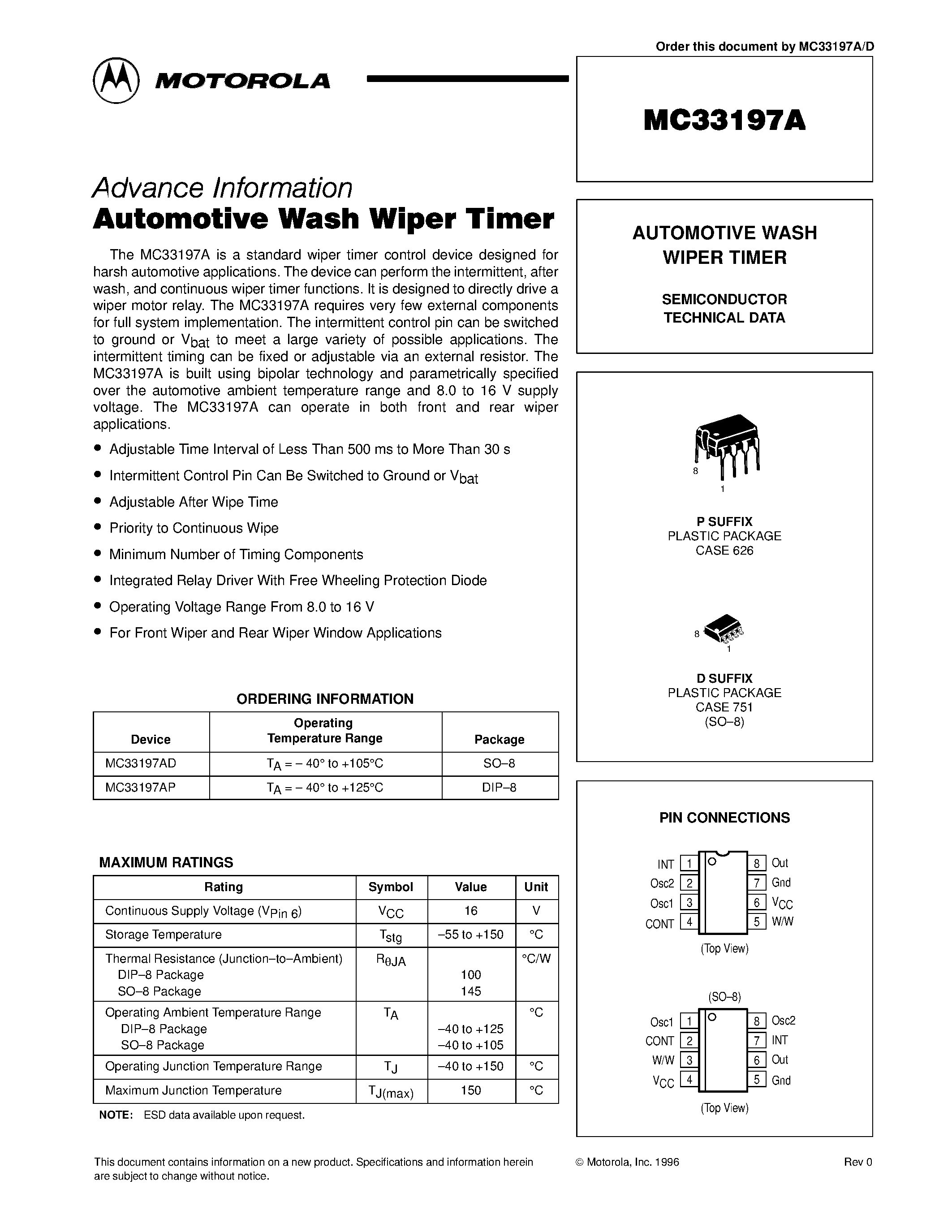 Даташит MC33197A - AUTOMOTIVE WASH WIPER TIMER страница 1