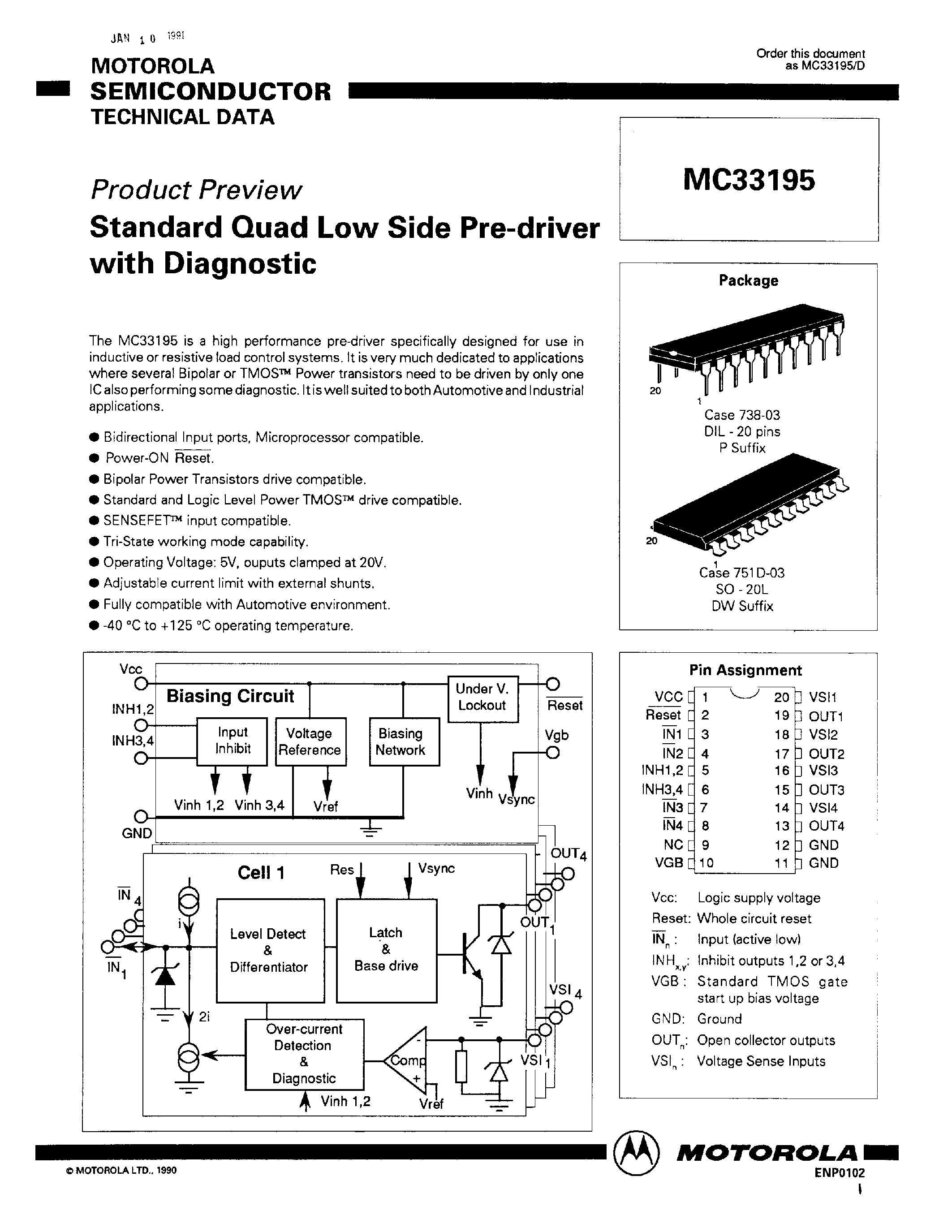Datasheet MC33195 - Standard Quad Low Side Pre-driver with Diagnostic page 1