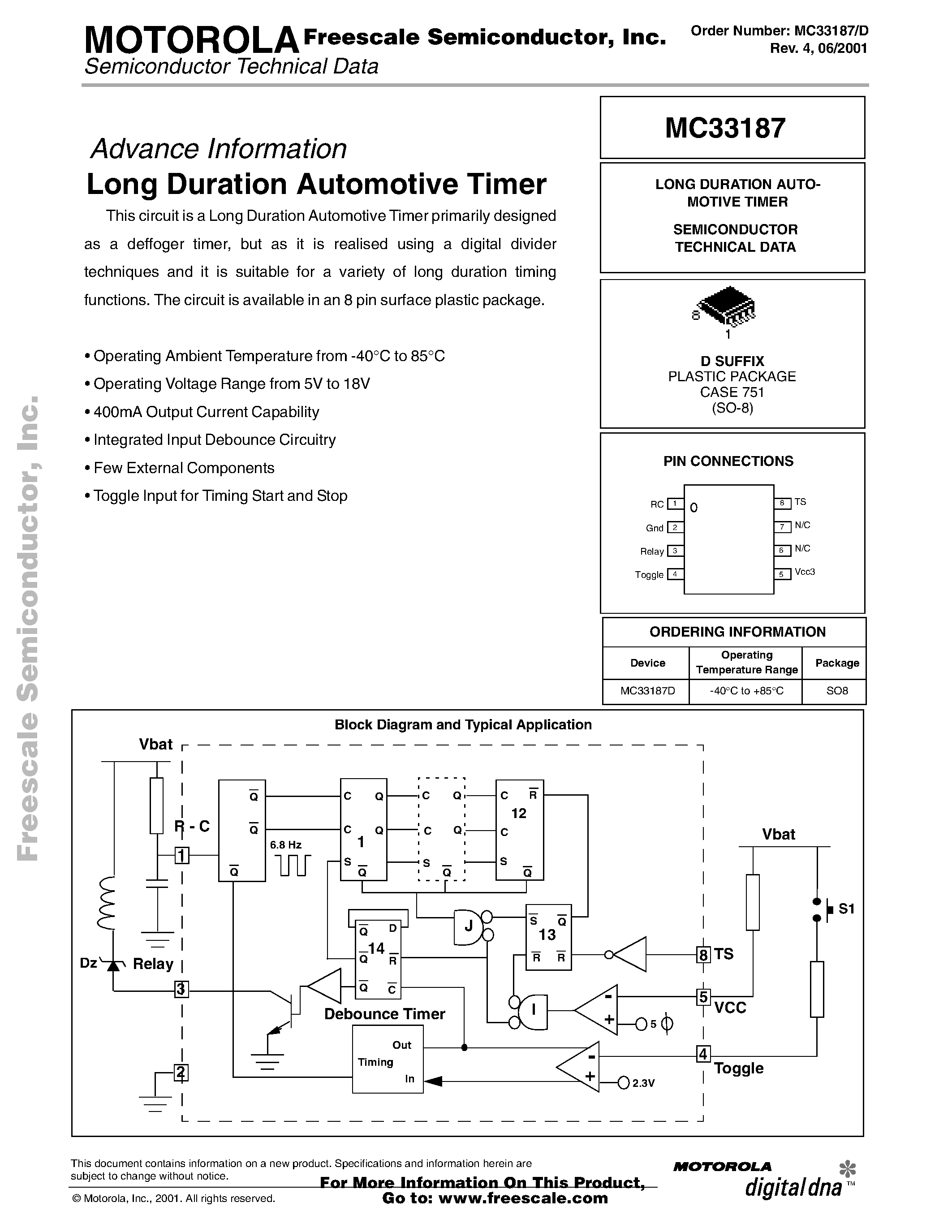 Даташит MC33187 - Long Duration Automotive Timer страница 1