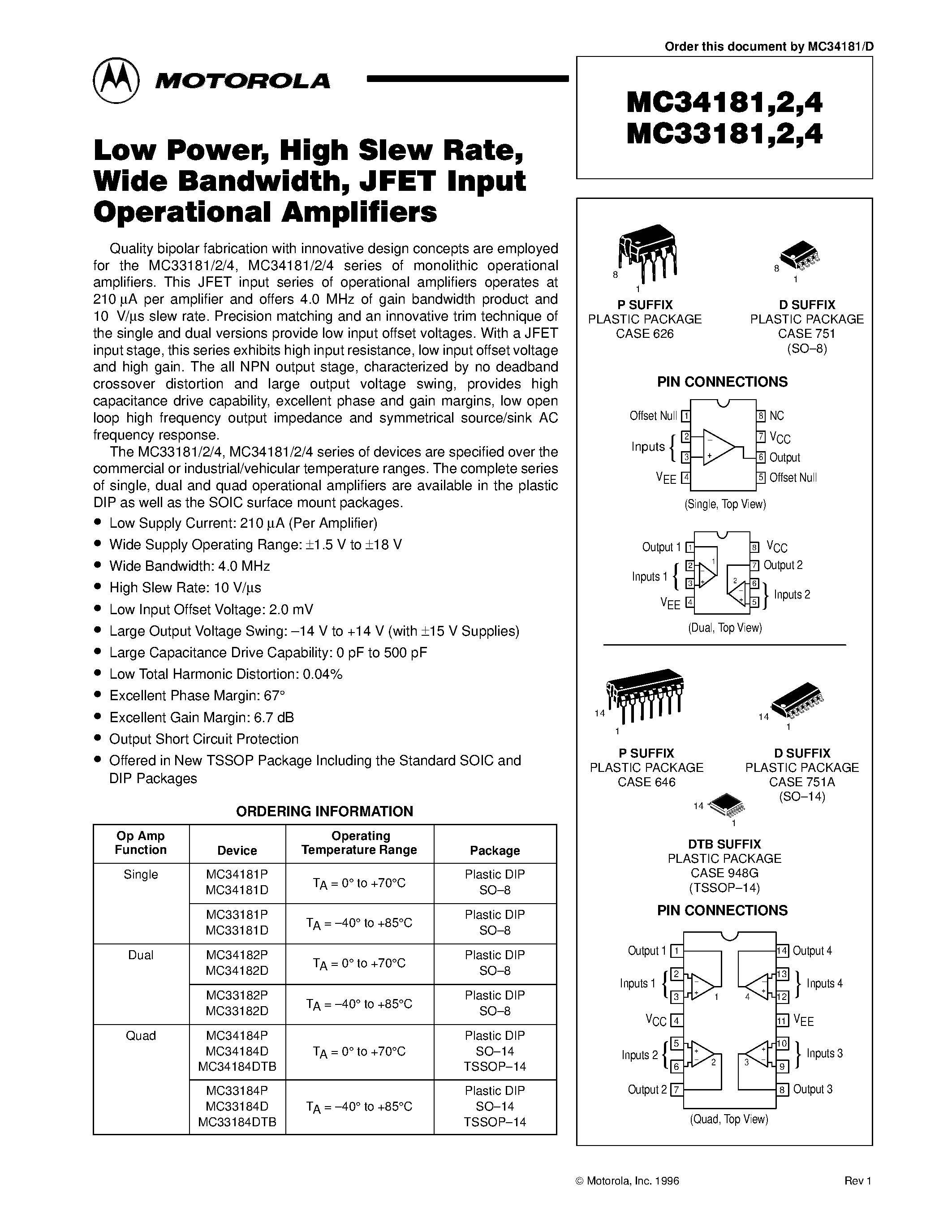 Даташит MC33181 - (MC33182/MC33184) Low Power/High Slew Rate/Wide Bandwidth/JFET Input Operational Amplifiers страница 1
