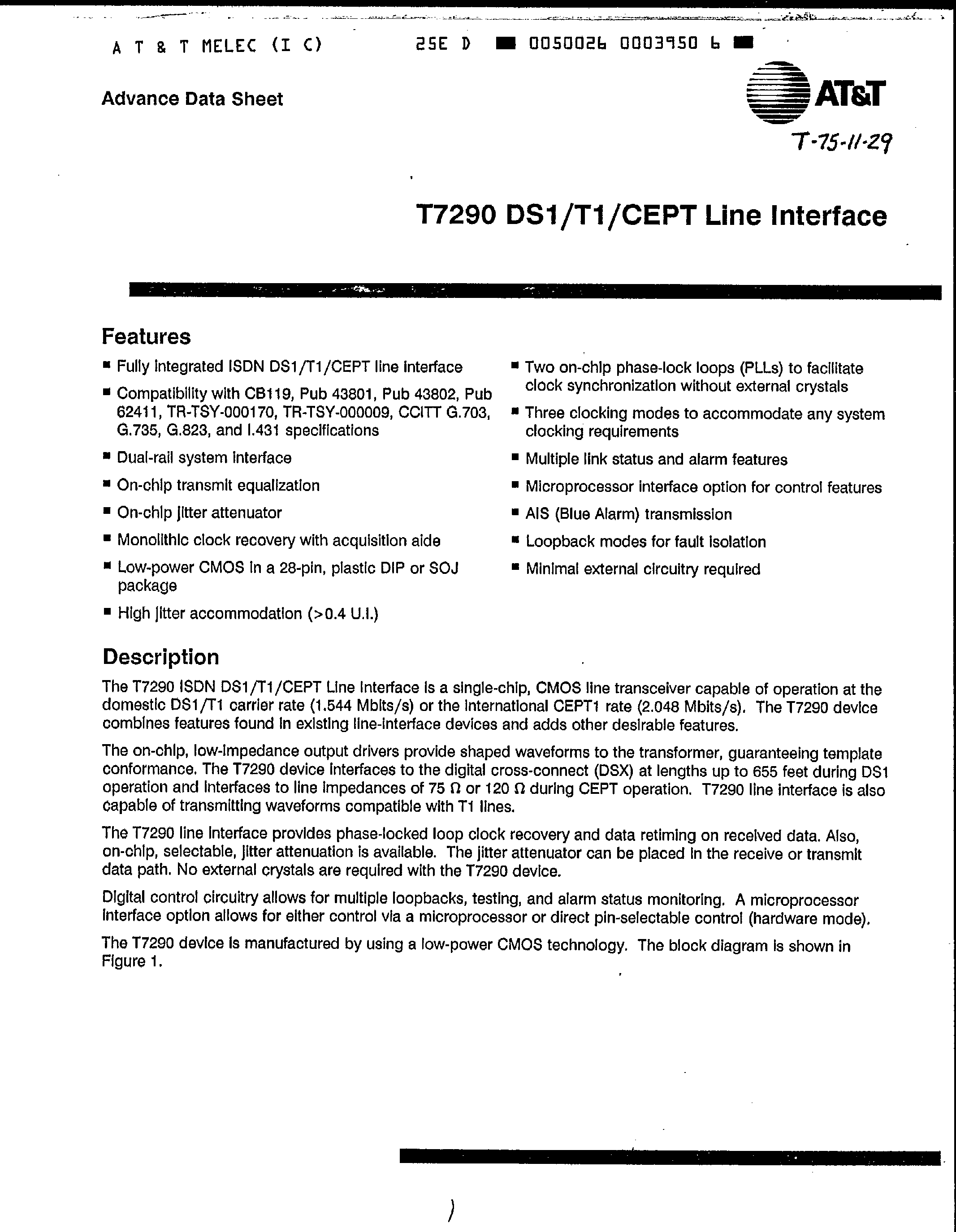Datasheet T-7290 - CEPT Line Interface page 1