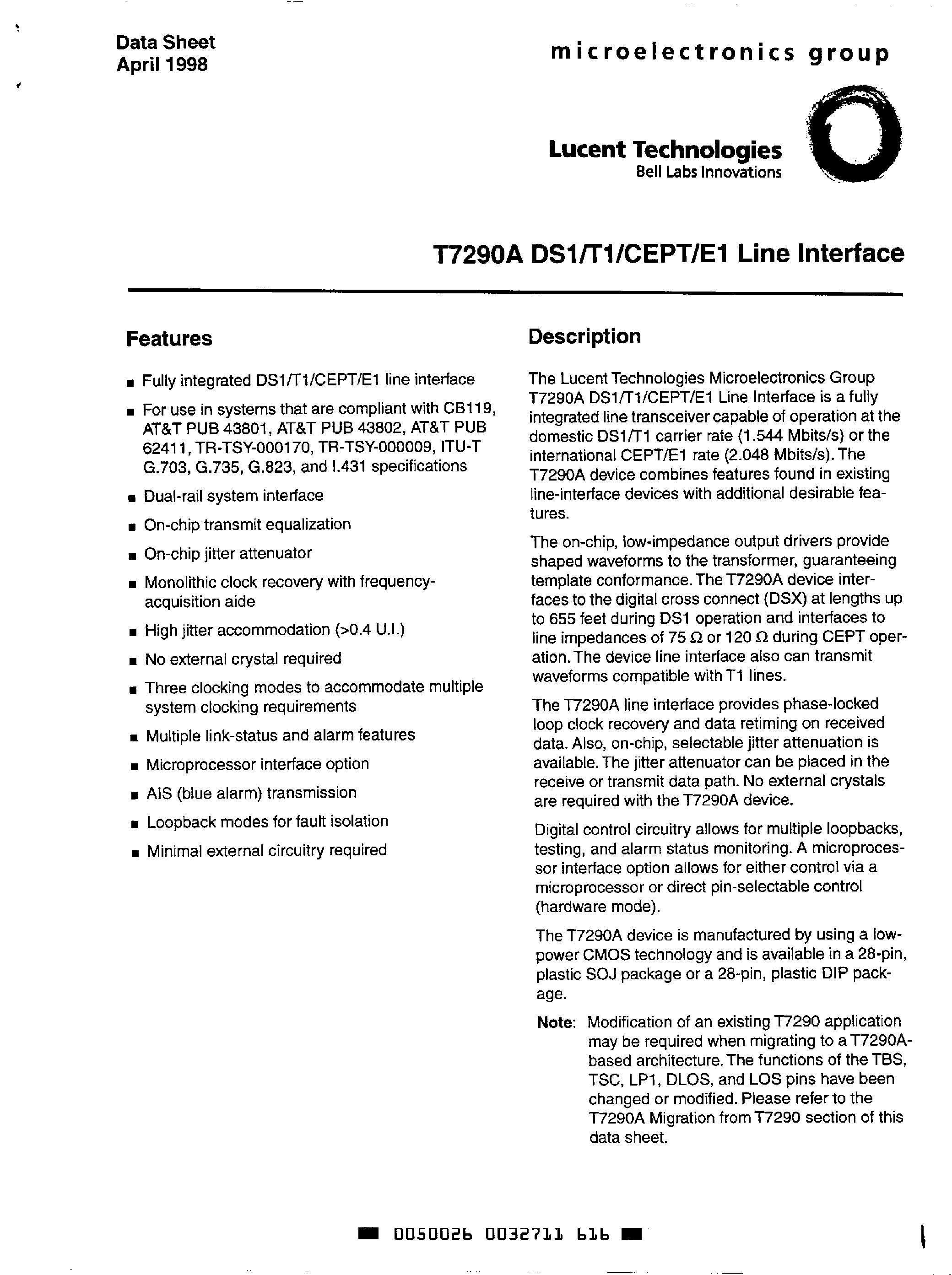 Datasheet T-7290A - CEPT Line Interface page 1