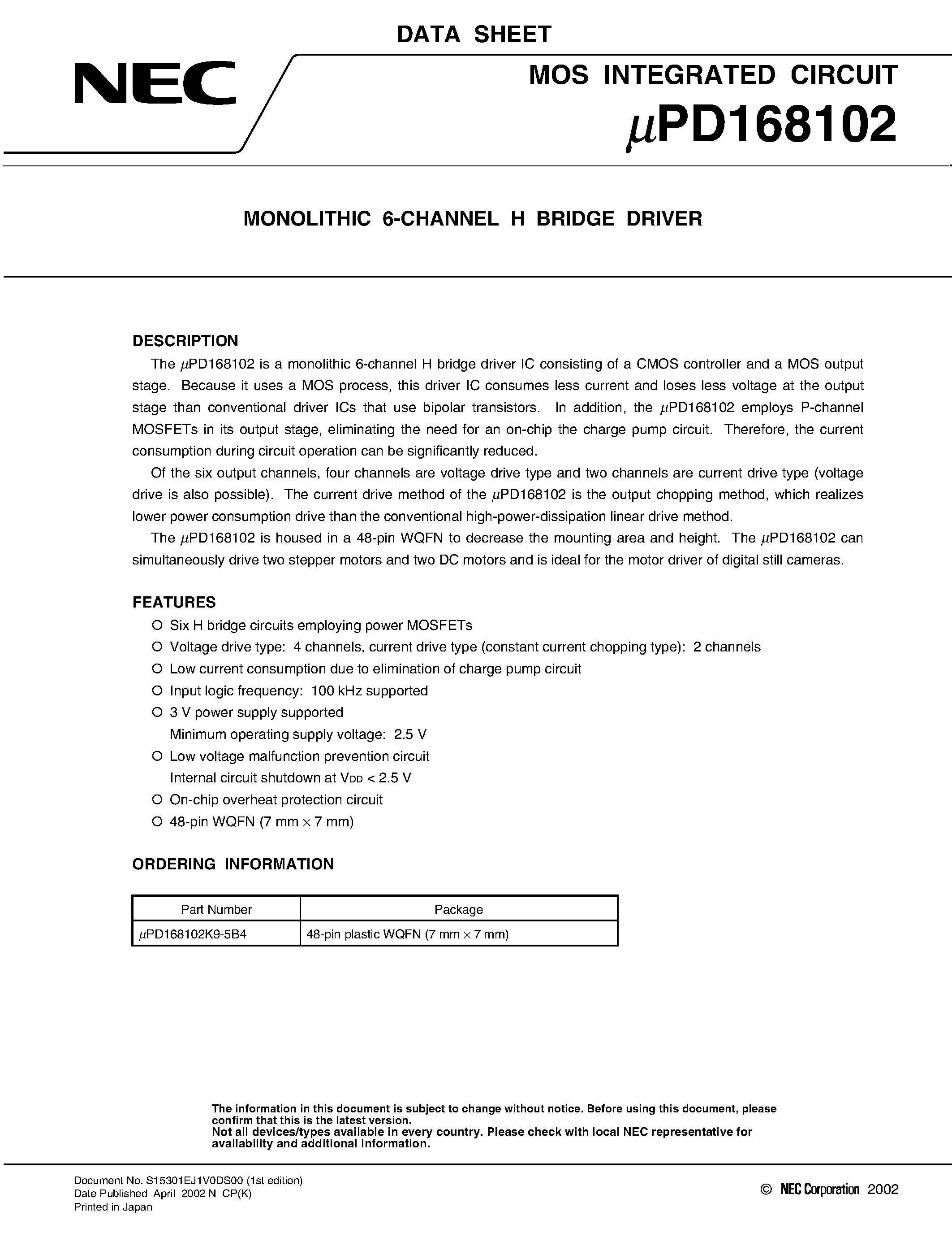 Datasheet UPD168102 - MONOLITHIC 6-CHANNEL H BRIDGE DRIVER page 1