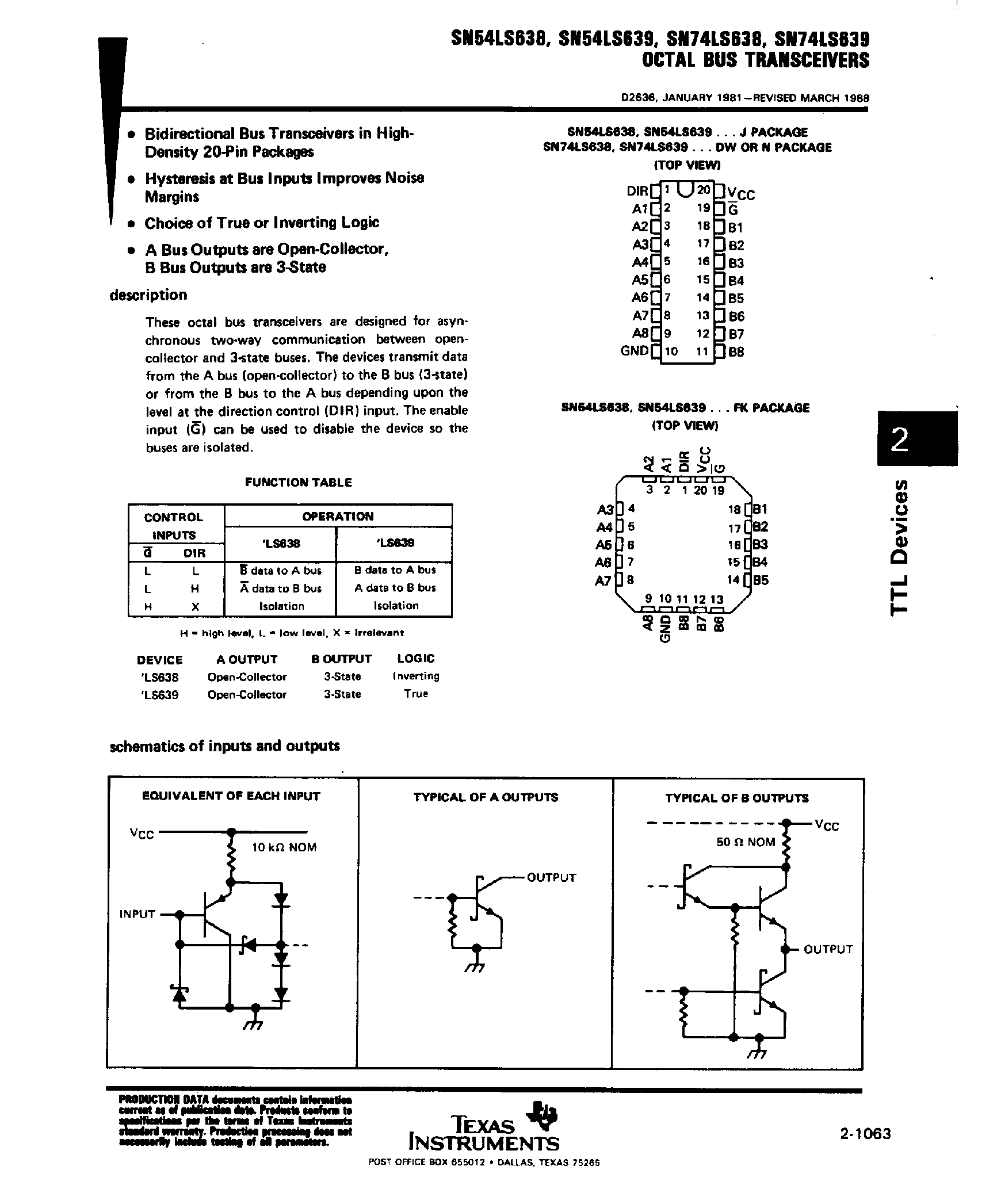 Datasheet SN74LS638 - (SN74LS639) Octal Bus Transceivers page 1