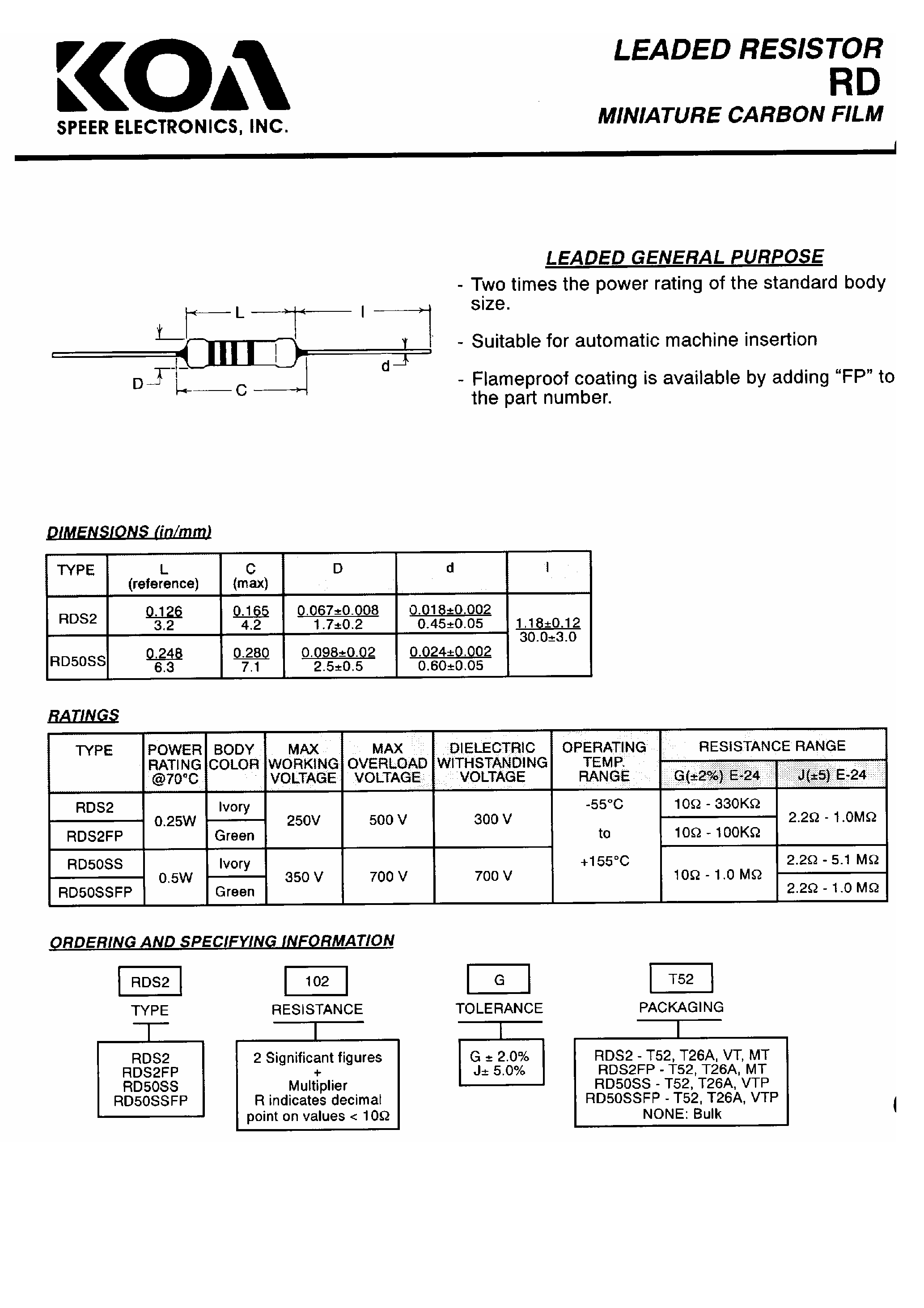 Datasheet RDS2560G - Leaded Resister RD / Miniature Carbon Film page 1