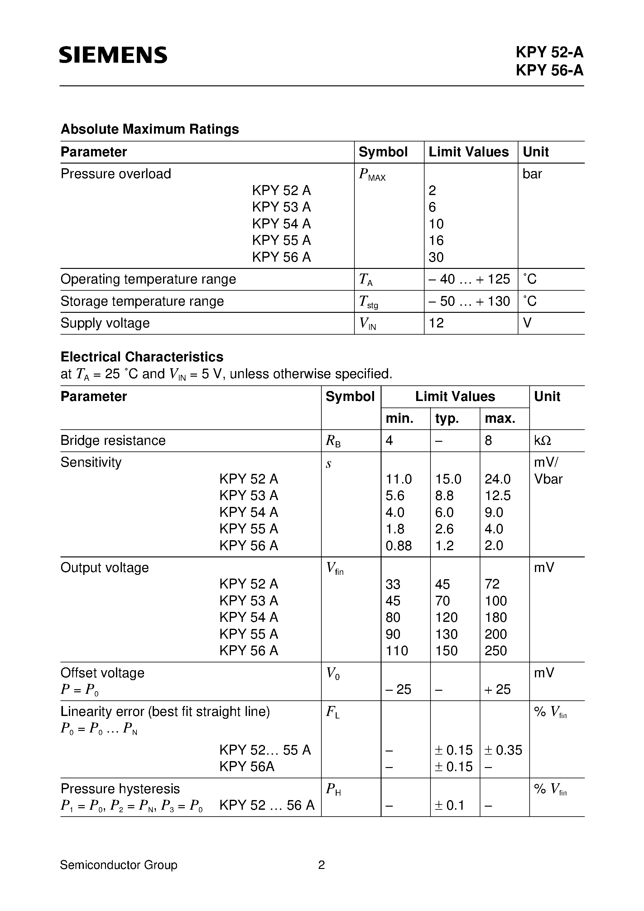 Даташит KPY52-A - (KPY52-A - KPY56-A) Silicon Piezoresistive Absolute Pressure Sensor страница 2