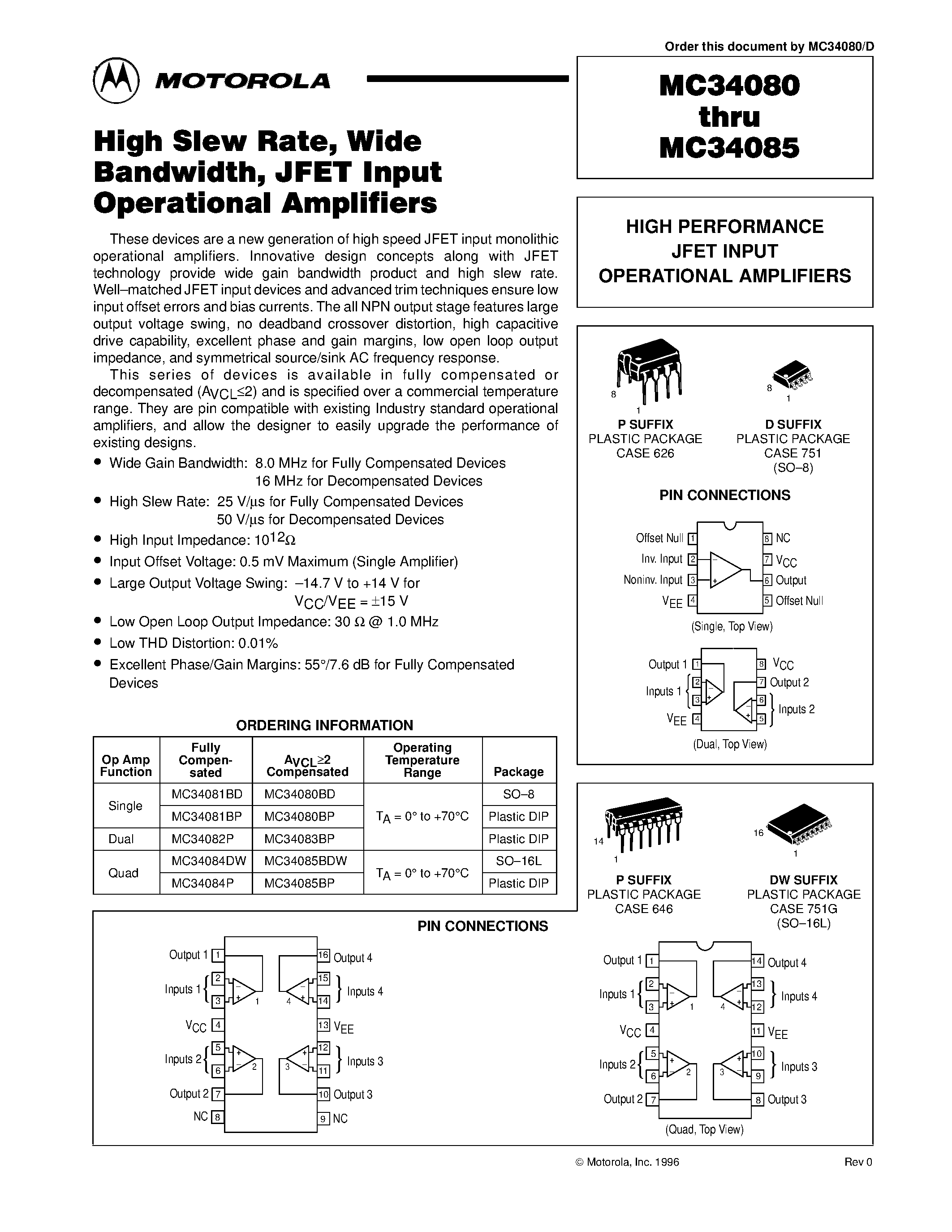 Даташит MC34084 - (MC34080 - MC34085) HIGH SLEW RATE WIDE BANDWIDTH JFET INPUT OPERATIONAL AMPLIFIERS страница 1