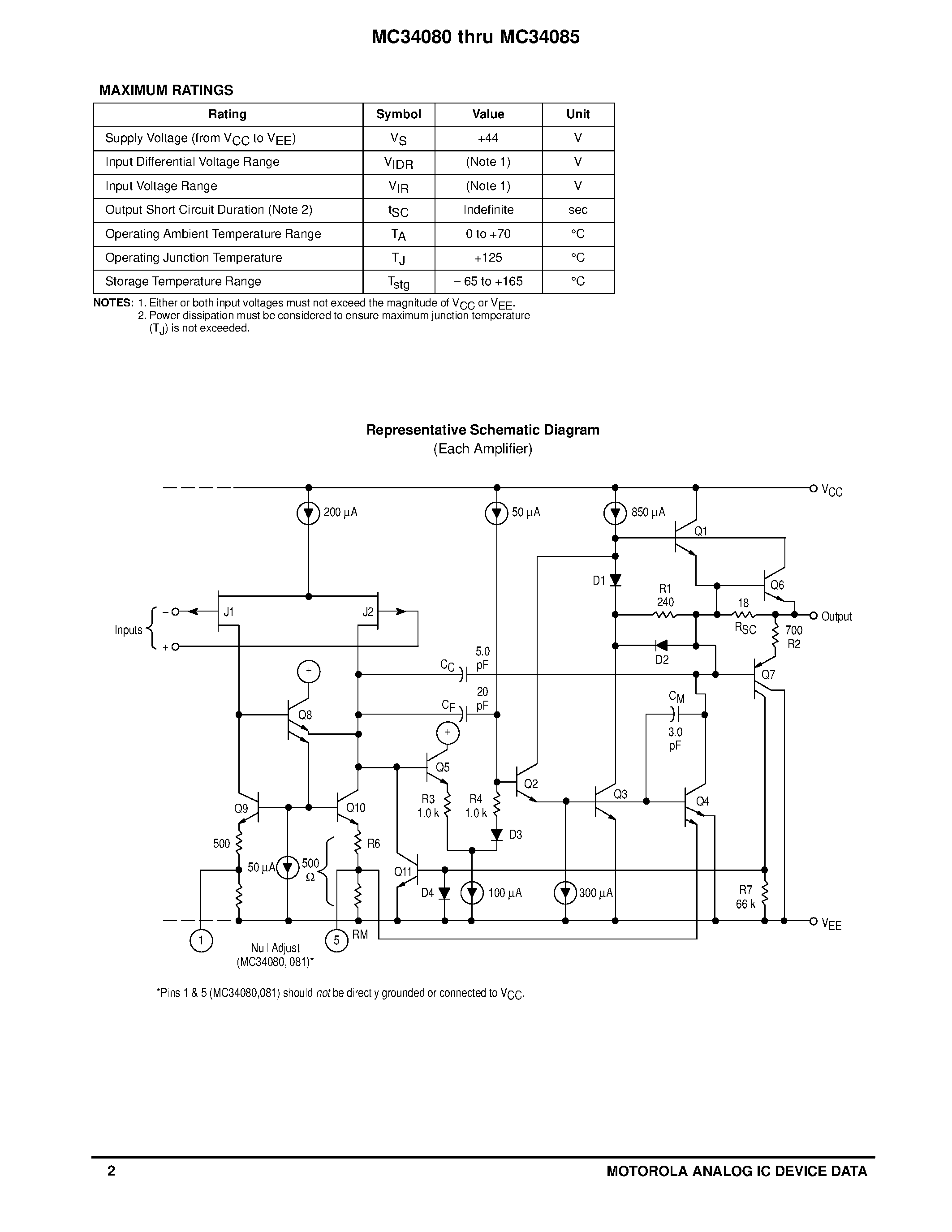 Даташит MC34084 - (MC34080 - MC34085) HIGH SLEW RATE WIDE BANDWIDTH JFET INPUT OPERATIONAL AMPLIFIERS страница 2
